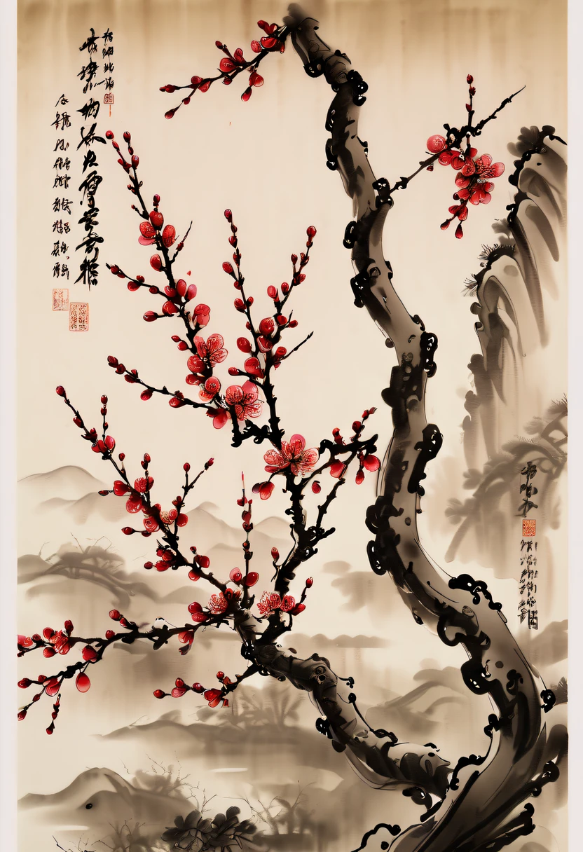 Winter wonderland，(Close-up of plum blossoms:1.5)，Yuki，courtyard，desolated, Desolate, Solitude，Black and white tones， Lots of white space，Tradition Chinese Ink Painting, Ink painting and watercolor，drawing on rice  ，Use thick and light inks to create light and dark changes and layers，Choose the right ink color，Such as deep black、Thick gray、Light coffee, ETC，Express different situations and atmospheres，Control the gradient and transition of ink colors through the humidity and consistency of the ink，traditional chinese art, author：Guo Xi, author：Ma Yuzaiyu, Traditional chinese painting, author：Xu Xi, author：Luo Mu, author：Y in g Buzhi, author：Li Kel  here, author：wisdom&#39;Show on the, Ink painting and watercolor ) ) ) ), China ink painting, chinese painting style