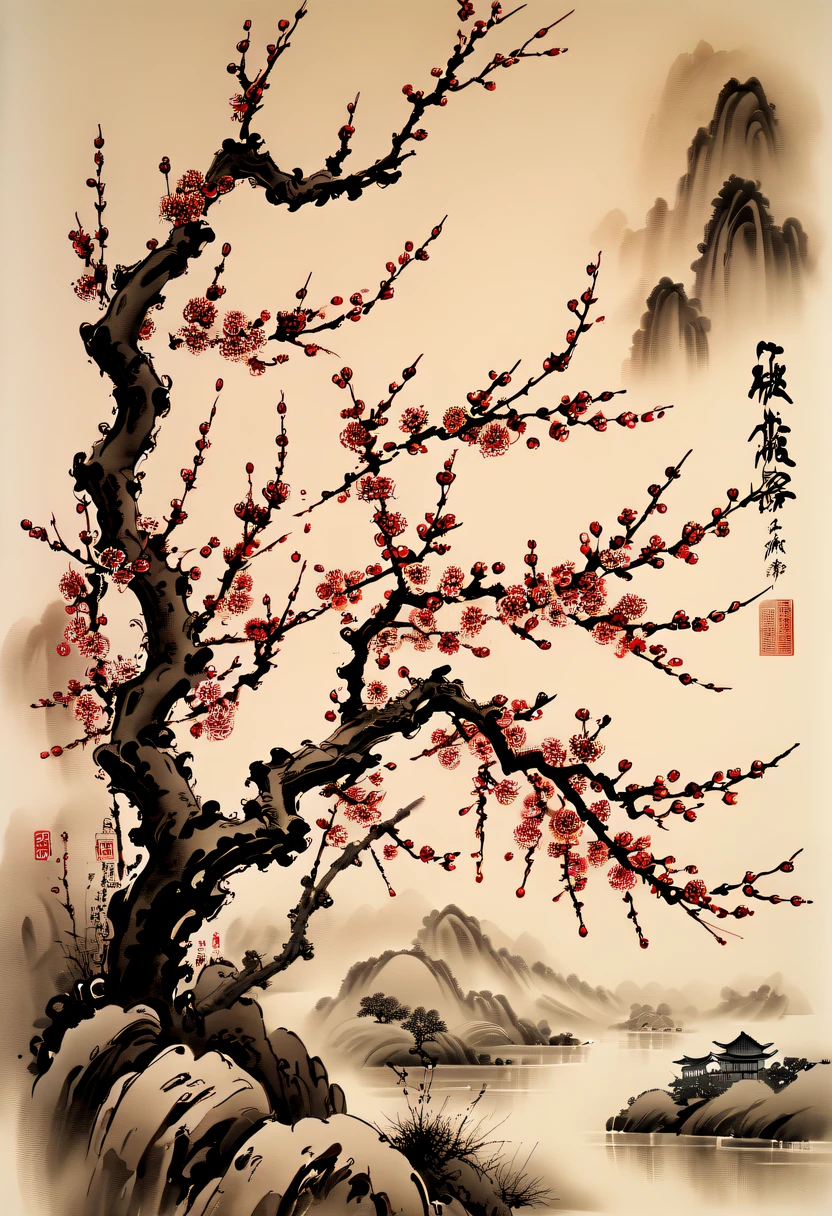 Winter wonderland,(Close-up of plum blossoms:1.5),Yuki,courtyard,desolated, Desolate, Solitude,Black and white tones, Lots of white space,Tradition Chinese Ink Painting, Ink painting and watercolor,drawing on rice ,Use thick and light inks to create light and dark changes and layers,Choose the right ink color,Such as deep black、Thick gray、Light coffee, ETC,Express different situations and atmospheres,Control the gradient and transition of ink colors through the humidity and consistency of the ink,traditional chinese art, author:Guo Xi, author:Ma Yuzaiyu, Traditional chinese painting, author:Xu Xi, author:Luo Mu, author:Y in g Buzhi, author:Li Kel here, author:wisdom'Show on the, Ink painting and watercolor ) ) ) ), China ink painting, chinese painting style