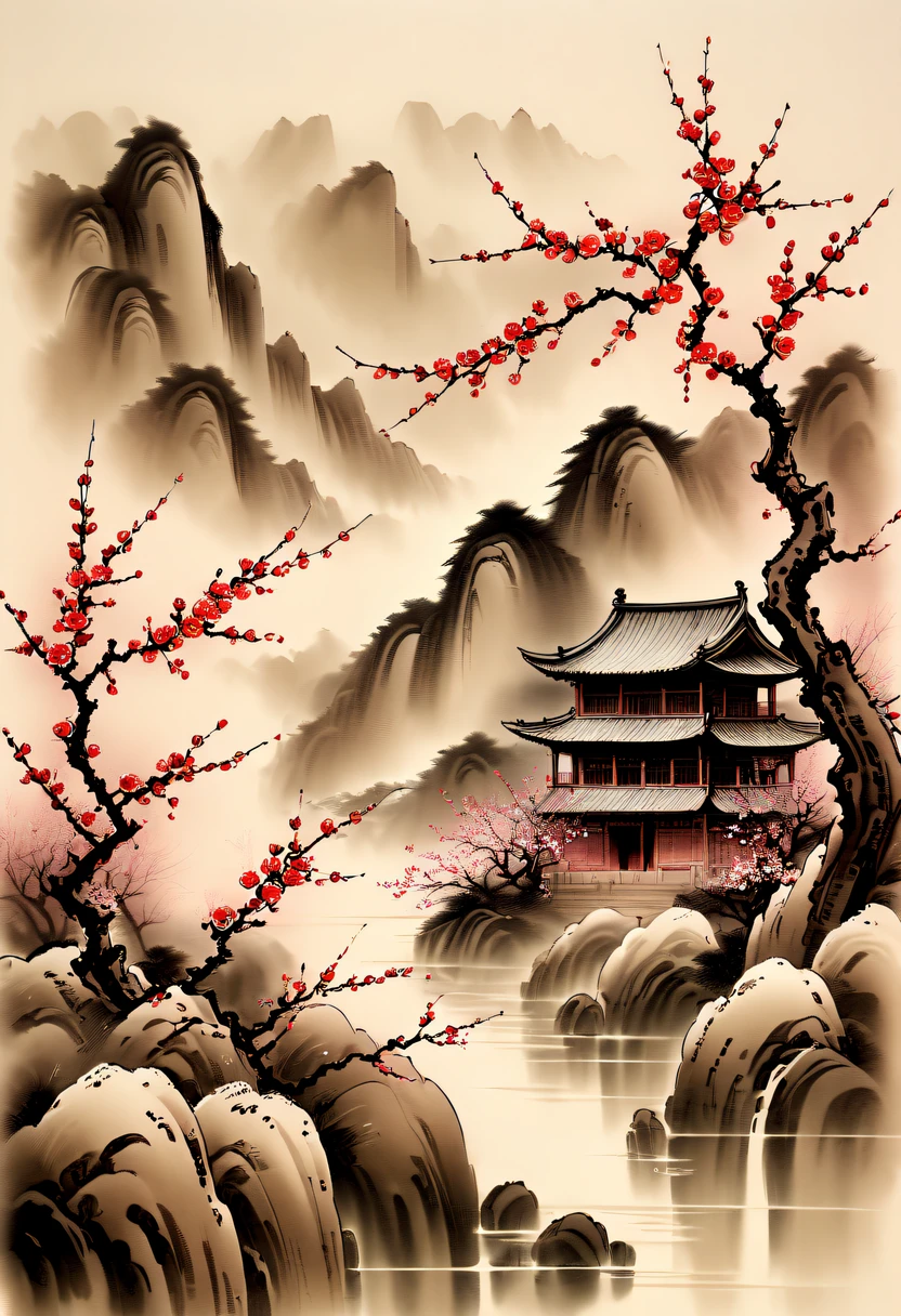 Winter wonderland,(Close-up of plum blossoms:1.5),Yuki,courtyard,desolated, Desolate, Solitude,Black and white tones, Lots of white space,Tradition Chinese Ink Painting, Ink painting and watercolor,drawing on rice ,Use thick and light inks to create light and dark changes and layers,Choose the right ink color,Such as deep black、Thick gray、Light coffee, ETC,Express different situations and atmospheres,Control the gradient and transition of ink colors through the humidity and consistency of the ink,traditional chinese art, author:Guo Xi, author:Ma Yuzaiyu, Traditional chinese painting, author:Xu Xi, author:Luo Mu, author:Y in g Buzhi, author:Li Kel here, author:wisdom'Show on the, Ink painting and watercolor ) ) ) ), China ink painting, chinese painting style