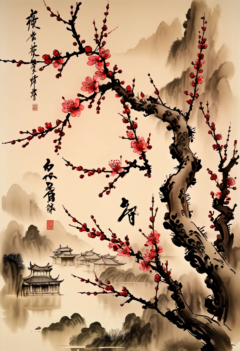 Winter wonderland,(Close-up of plum blossoms:1.5),Yuki,courtyard,desolated, Desolate, Solitude,Black and white tones, Lots of white space,Tradition Chinese Ink Painting, Ink painting and watercolor,drawing on rice ,Use thick and light inks to create light and dark changes and layers,Choose the right ink color,Such as deep black、Thick gray、Light coffee, ETC,Express different situations and atmospheres,Control the gradient and transition of ink colors through the humidity and consistency of the ink,traditional chinese art, author:Guo Xi, author:Ma Yuzaiyu, Traditional chinese painting, author:Xu Xi, author:Luo Mu, author:Y in g Buzhi, author:Li Kel here, author:wisdom'Show on the, Ink painting and watercolor ) ) ) ), China ink painting, chinese painting style