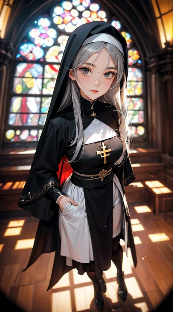 ((8k wallpaper of extremely detailed CG unit, masterpiece, hight resolution, top-quality)), (beautiful silver-haired nun, Hands in pockets:1.5, wearing a black veil:1.4, Wearing a black monastic uniform:1.4, Wearing black tights:1.4), ((extra detailed face, Highly detailed black eyes, both eyes are the same color:1.2, extra detailed body, Top quality real texture skins)), (silber hair, length hair, de pele branca), (old wooden church, stain glass:1.2, warm color), (high-angle:1.2, Fisheye:1.3), hyper realisitic, digitial painting,