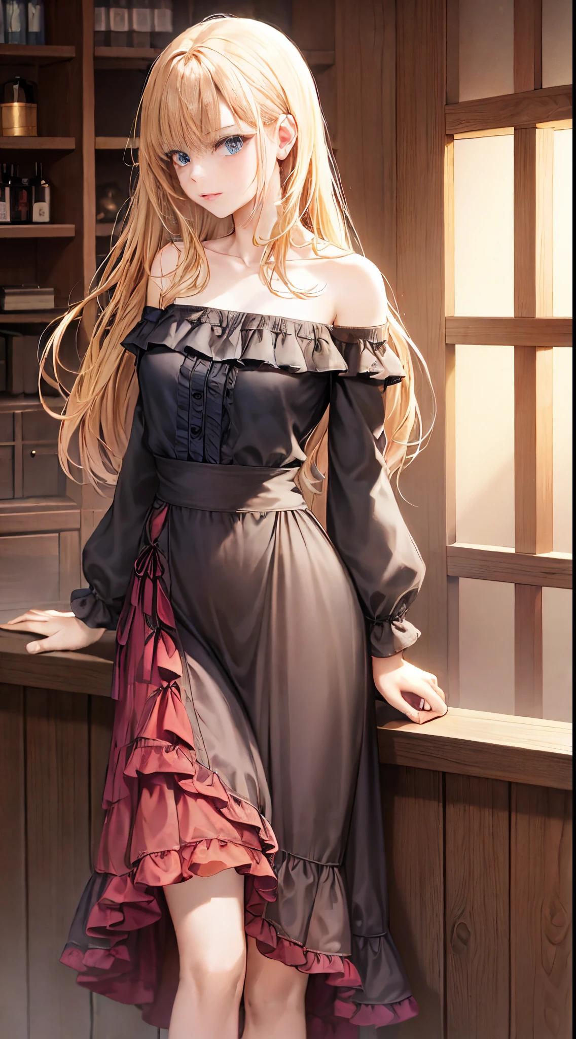 western fantasy，victoriana，A beautyful girl，The stands up，Plain clothing and  clothing，No hats，shift dresses，Nightdress，skirt off shoulder