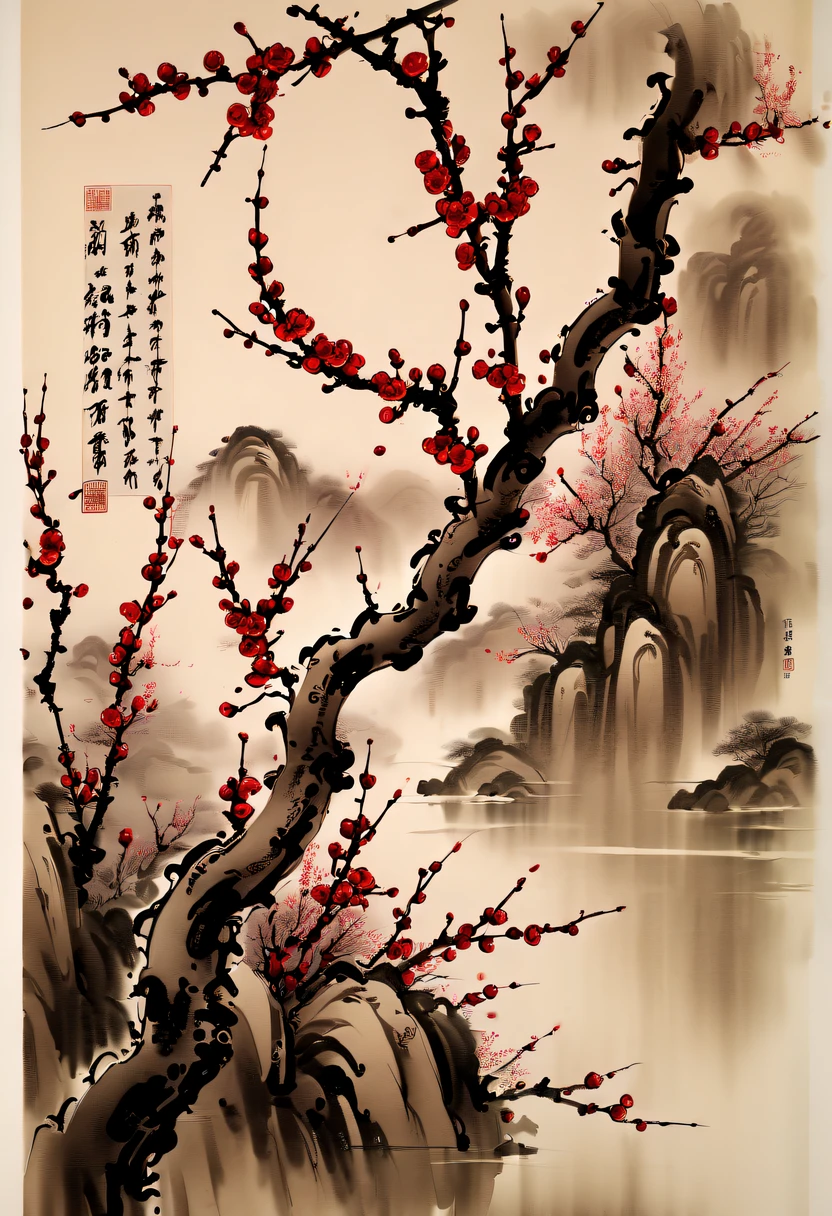 Winter wonderland,(Close-up of plum blossoms:1.5),Yuki,courtyard,desolated, Desolate, Solitude,Black and white tones, Lots of white space,Tradition Chinese Ink Painting, Ink painting and watercolor,drawing on rice ,Use thick and light inks to create light and dark changes and layers,Choose the right ink color,Such as deep black、Thick gray、Light coffee, ETC,Express different situations and atmospheres,Control the gradient and transition of ink colors through the humidity and consistency of the ink,traditional chinese art, author:Guo Xi, author:Ma Yuzaiyu, Traditional chinese painting, author:Xu Xi, author:Luo Mu, author:Y in g Buzhi, author:Li Kel here, author:wisdom'Show on the, Ink painting and watercolor ) ) ) ), China ink painting, chinese painting style