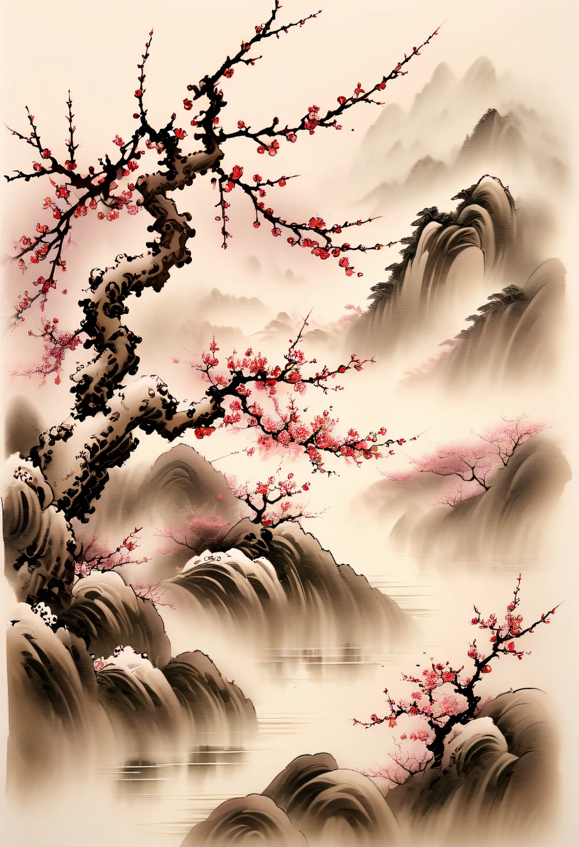 Ink painting and watercolor，drawing on rice  ，Use thick and light inks to create light and dark changes and layers，Choose the right ink color，Such as deep black、Thick gray、Light coffee, ETC，Express different situations and atmospheres，Control the gradient and transition of ink colors through the humidity and consistency of the ink，Winter wonderland，(Close-up of plum blossoms:1.5)，Yuki，courtyard，desolated, Desolate, Solitude，Black and white tones， Lots of white space，Tradition Chinese Ink Painting, traditional chinese art, author：Guo Xi, author：Ma Yuzaiyu, Traditional chinese painting, author：Xu Xi, author：Luo Mu, author：Y in g Buzhi, author：Li Kel  here, author：wisdom&#39;Show on the, Ink painting and watercolor ) ) ) ), China ink painting, chinese painting style