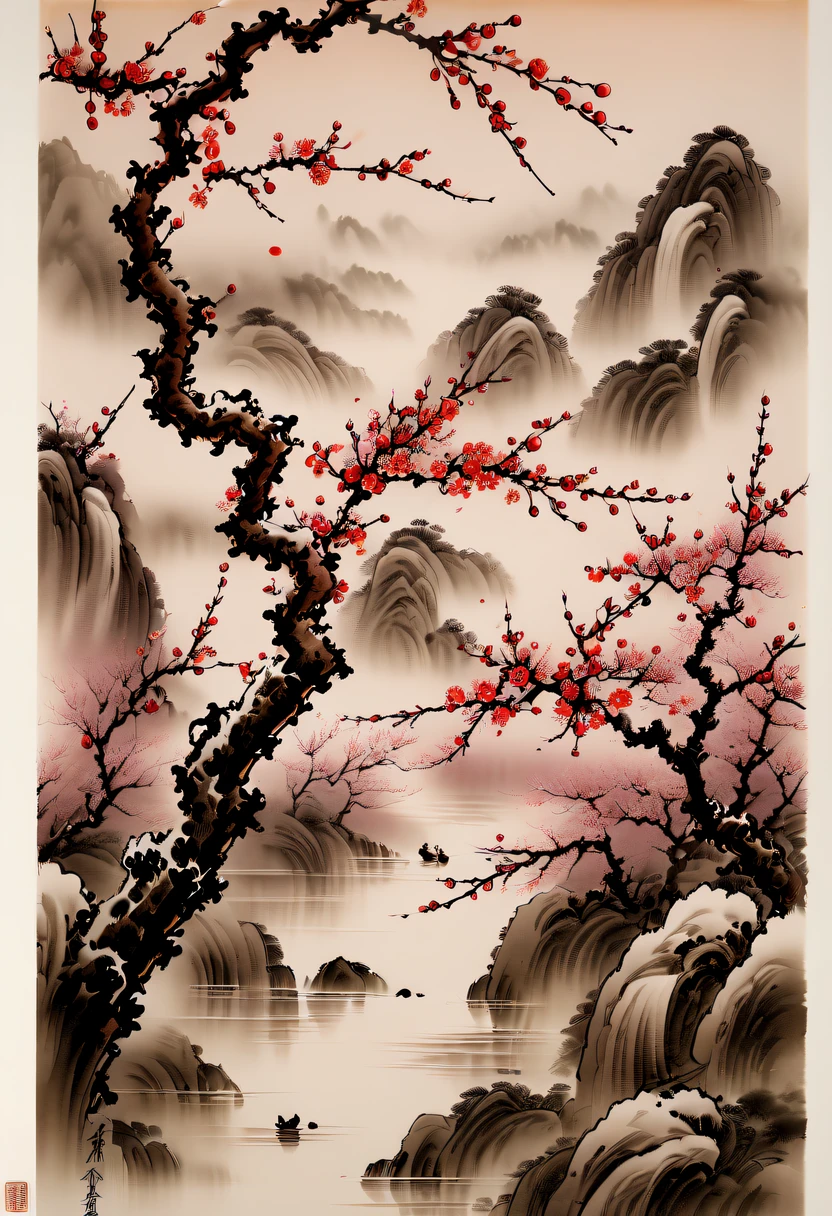 Ink painting and watercolor，drawing on rice  ，Use thick and light inks to create light and dark changes and layers，Choose the right ink color，Such as deep black、Thick gray、Light coffee, ETC，Express different situations and atmospheres，Control the gradient and transition of ink colors through the humidity and consistency of the ink，Winter wonderland，(Close-up of plum blossoms:1.5)，Yuki，courtyard，desolated, Desolate, Solitude，Black and white tones， Lots of white space，Tradition Chinese Ink Painting, traditional chinese art, author：Guo Xi, author：Ma Yuzaiyu, Traditional chinese painting, author：Xu Xi, author：Luo Mu, author：Y in g Buzhi, author：Li Kel  here, author：wisdom&#39;Show on the, Ink painting and watercolor ) ) ) ), China ink painting, chinese painting style