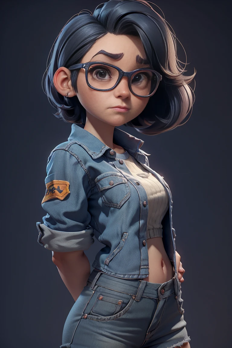 A 3D Pixar style Animation character development, featuring of a young woman nerd look, wearing a shorts, character spread sheet, blueprint, 3D realistic render, high resolution texture, dramatic lighting, expressive caricature, strong facial expression, dramatic intense perspective