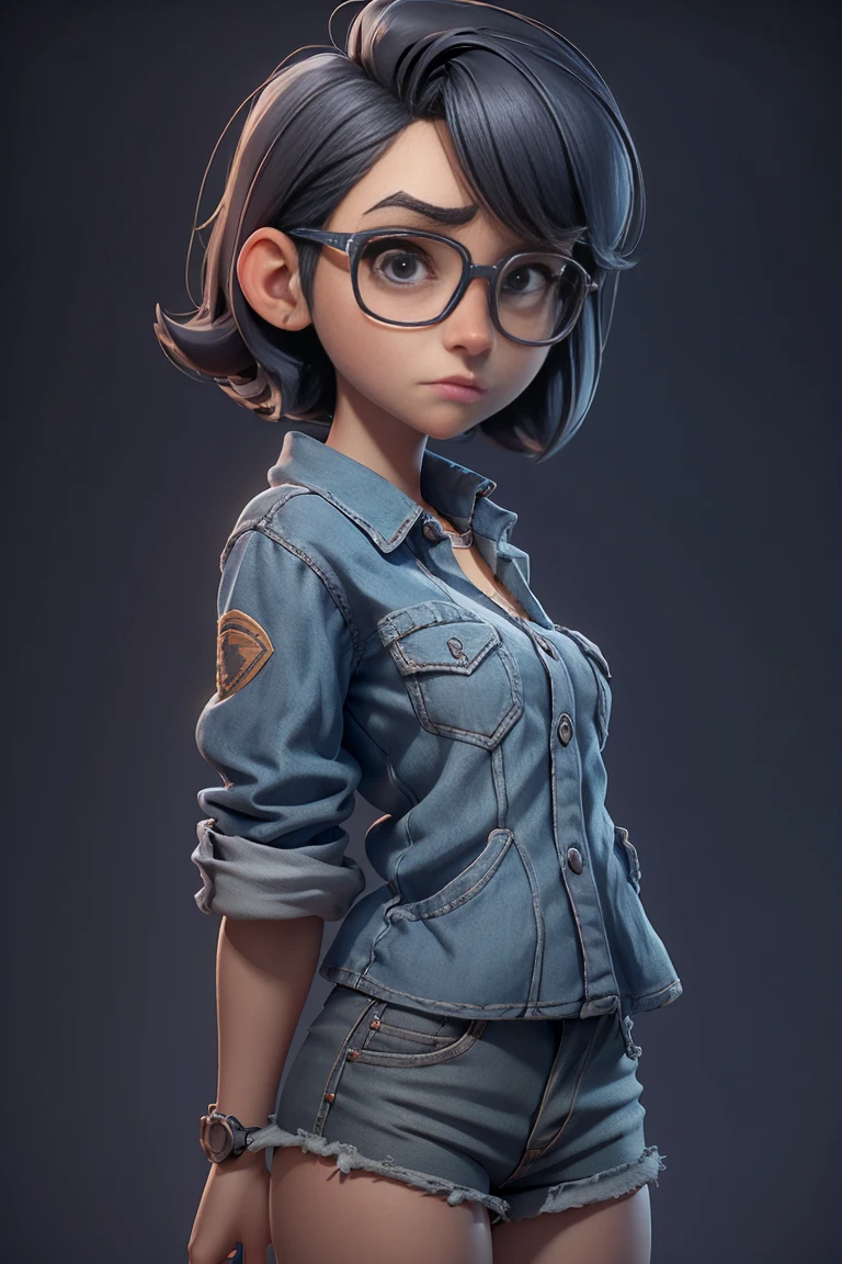 A 3D Pixar style Animation character development, featuring of a young woman nerd look, wearing a shorts, character spread sheet, blueprint, 3D realistic render, high resolution texture, dramatic lighting, expressive caricature, strong facial expression, dramatic intense perspective