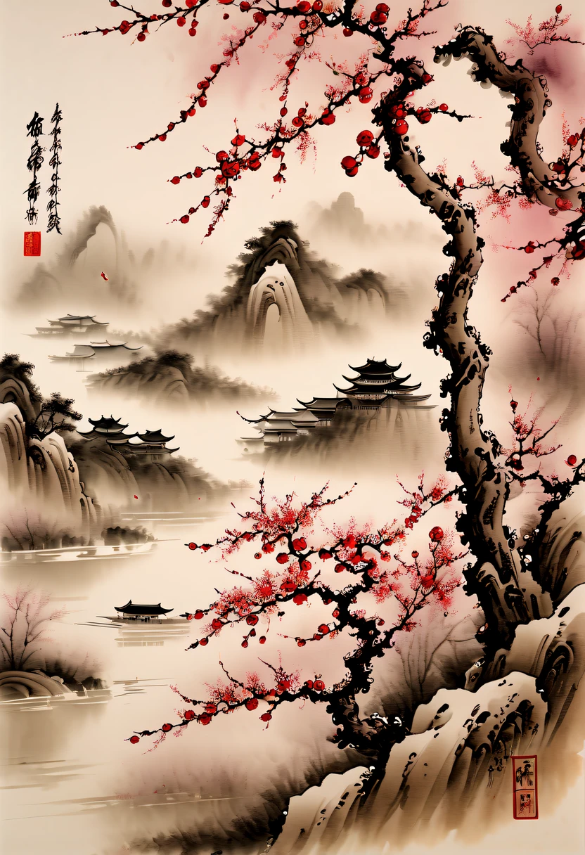 Ink painting and watercolor,drawing on rice ,Use thick and light inks to create light and dark changes and layers,Choose the right ink color,Such as deep black、Thick gray、Light coffee, ETC,Express different situations and atmospheres,Control the gradient and transition of ink colors through the humidity and consistency of the ink,Winter wonderland,(Close-up of plum blossoms:1.5),Yuki,courtyard,desolated, Desolate, Solitude,Black and white tones, Lots of white space,Tradition Chinese Ink Painting, traditional chinese art, author:Guo Xi, author:Ma Yuzaiyu, Traditional chinese painting, author:Xu Xi, author:Luo Mu, author:Y in g Buzhi, author:Li Kel here, author:wisdom'Show on the, Ink painting and watercolor ) ) ) ), China ink painting, chinese painting style