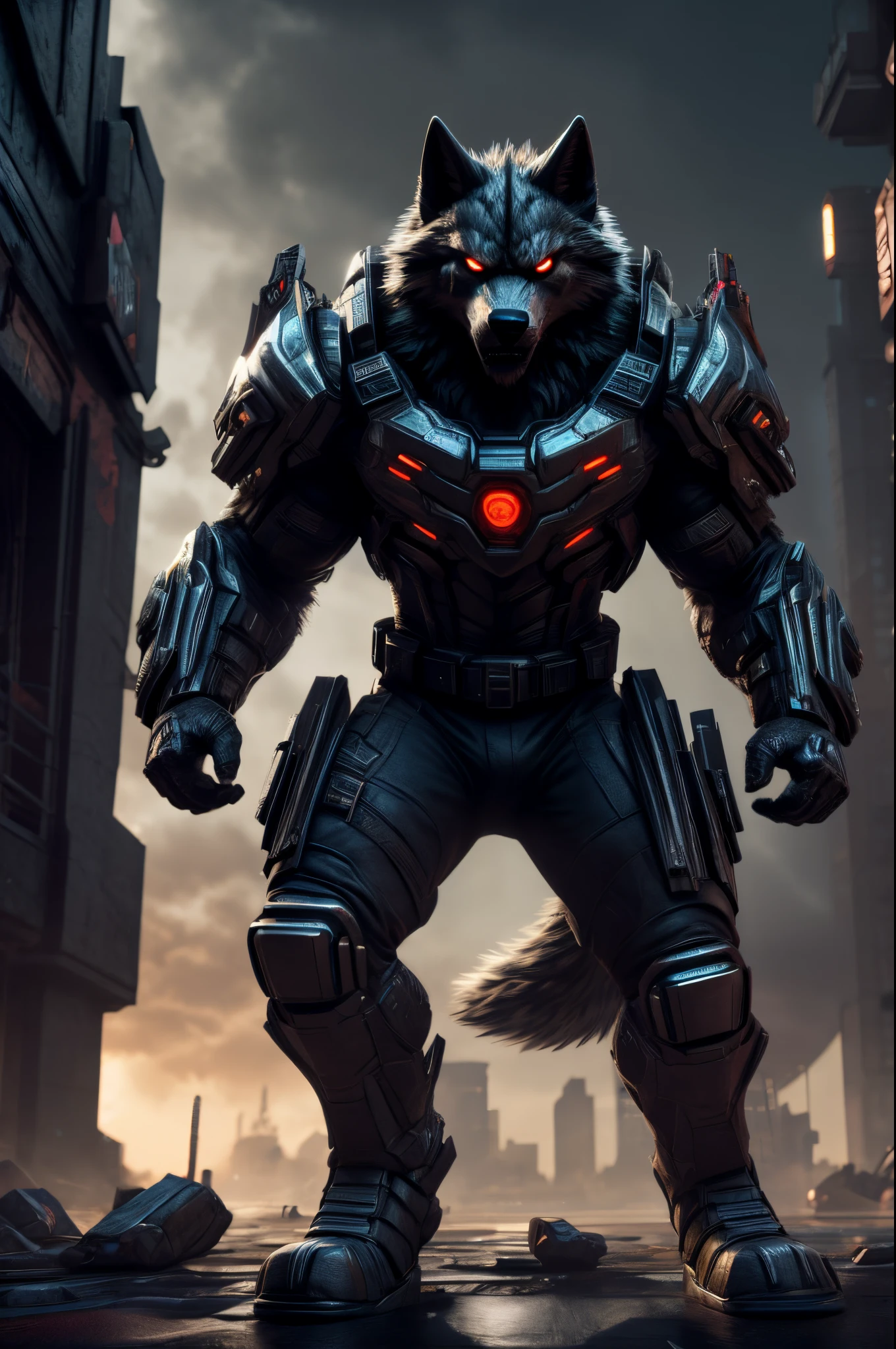 (best quality,3d render:1.2),urban warrior, wolf face, muscular body, intense gaze, menacing presence, armored suit, high-tech weaponry, dystopian cityscape, atmospheric lighting, gritty and dark tones, smoky background, dynamic action pose, rugged and battle-worn, attention to fine details, realistic textures, fierce and powerful, captivating and awe-inspiring, cyberpunk aesthetic, epic and cinematic, intense shadows and highlights, futuristic elements, confident and determined expression, dominant and dominant, masterful illustration, vibrant and bold colors