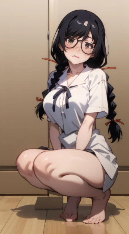 Stema Peace、 (nose blush, Naughty, half opened eye, ), [Full body shot]、Full body shot,body piercings,Large open legs、Head-to-toe shots、hanekawa tsubasa、her black hair is tied into two braids、eye glass、Colossal tits、Wearing white socks、