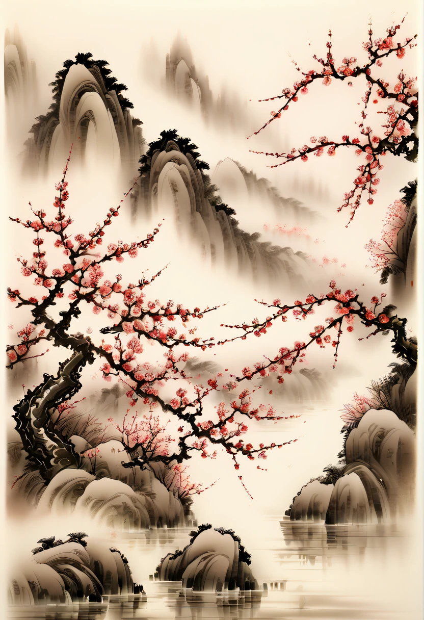Ink painting and watercolor,drawing on rice ,Use thick and light inks to create light and dark changes and layers,Choose the right ink color,Such as deep black、Thick gray、Light coffee, ETC,Express different situations and atmospheres,Control the gradient and transition of ink colors through the humidity and consistency of the ink,Winter wonderland,(Close-up of plum blossoms:1.5),Yuki,courtyard,desolated, Desolate, Solitude,Black and white tones, Tradition Chinese Ink Painting, traditional chinese art, author:Guo Xi, author:Ma Yuzaiyu, Traditional chinese painting, author:Xu Xi, author:Luo Mu, author:Y in g Buzhi, author:Li Kel here, author:wisdom'Show on the, Ink painting and watercolor ) ) ) ), China ink painting, chinese painting style