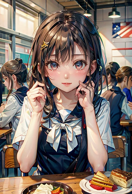 Best Quality、Raw photo、profetional lighting、Top image quality、masterpiece、Live-action depiction、Top quality backdrop professional lighting、High school students、a sailor suit、Eating school lunch、sixteen years old、The background is the students、
