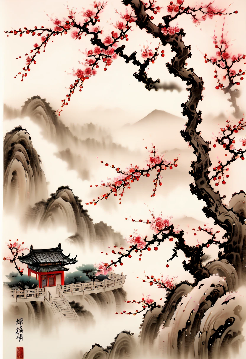 Ink painting and watercolor,drawing on rice ,Use thick and light inks to create light and dark changes and layers,Choose the right ink color,Such as deep black、Thick gray、Light coffee, ETC,Express different situations and atmospheres,Control the gradient and transition of ink colors through the humidity and consistency of the ink,Winter wonderland,(Close-up of plum blossoms:1.5),Yuki,courtyard,desolated, Desolate, Solitude,Black and white tones, Tradition Chinese Ink Painting, traditional chinese art, author:Guo Xi, author:Ma Yuzaiyu, Traditional chinese painting, author:Xu Xi, author:Luo Mu, author:Y in g Buzhi, author:Li Kel here, author:wisdom'Show on the, Ink painting and watercolor ) ) ) ), China ink painting, chinese painting style