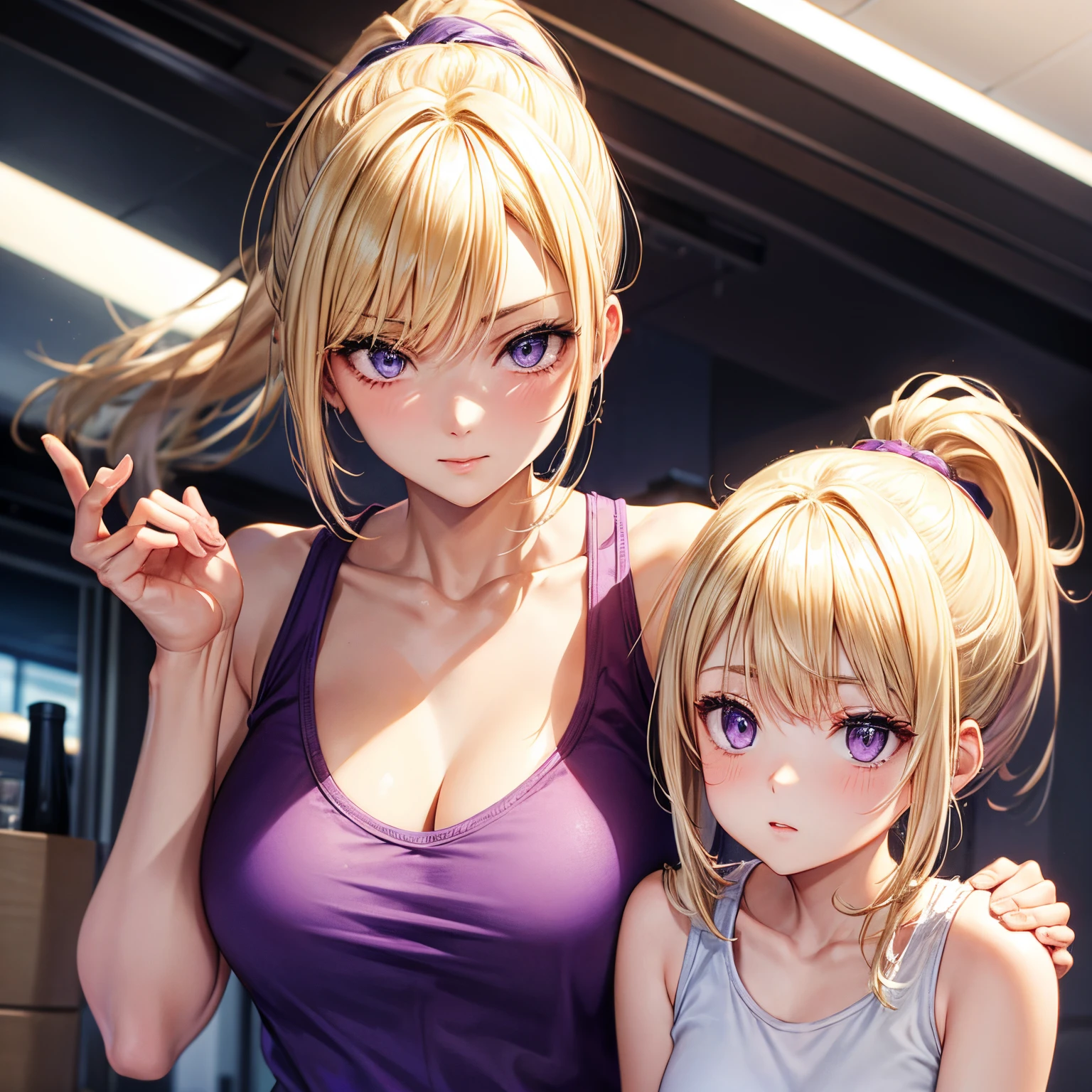 Blonde, purple eyes, ponytail, tank top, cool older sister