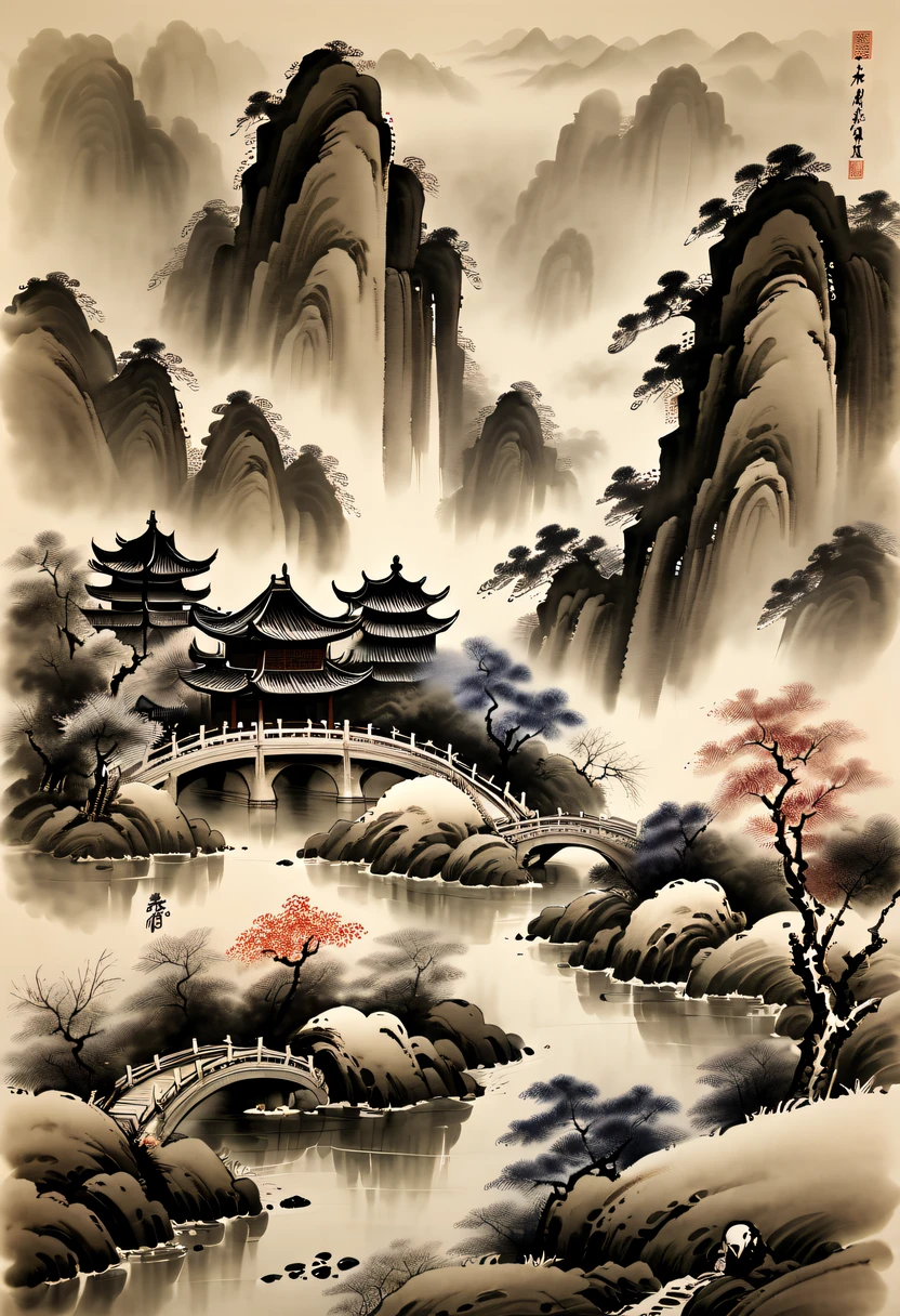 Ink painting and watercolor,drawing on rice ,Use thick and light inks to create light and dark changes and layers,Choose the right ink color,Such as deep black、Thick gray、Light coffee, ETC,Express different situations and atmospheres,Control the gradient and transition of ink colors through the humidity and consistency of the ink,Winter wonderland,club,Yuki,courtyard,desolated, Desolate, Solitude,Black and white tones, Tradition Chinese Ink Painting, traditional chinese art, author:Guo Xi, author:Ma Yuzaiyu, Traditional chinese painting, author:Xu Xi, author:Luo Mu, author:Y in g Buzhi, author:Li Kel here, author:wisdom'Show on the, Ink painting and watercolor ) ) ) ), China ink painting, chinese painting style