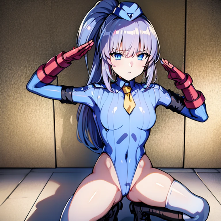 Masterpiece, Best Quality, Highly detailed, illustration, absurdres, street fighter, doll suit, shadaloo doll, agent aika, girls, multiple girls, expressionless, nazi saluting, military, military saluting, salute, blank eyes, looking at viewer, red gloves, emotionless, black latex, corrution, mind control, female combatant, full body, hypnotized, unhappy trance, full body suit, leotard, perfect female body, extremely glossy latex, Delmo Uniform, belt, hypnosis, hypnoLora, empty eyes, Mind control device, thigh high, kneeling, poses, submissive_pose, visor, masturbation, standing, standing at attention, Slave, collar, gang bang, slave oufit, full tight leg, blue delmo uniform, Open back, blue lip, blue eyes, silver hair, Liliana Kranjcar, Campione!, ponytail, haigure