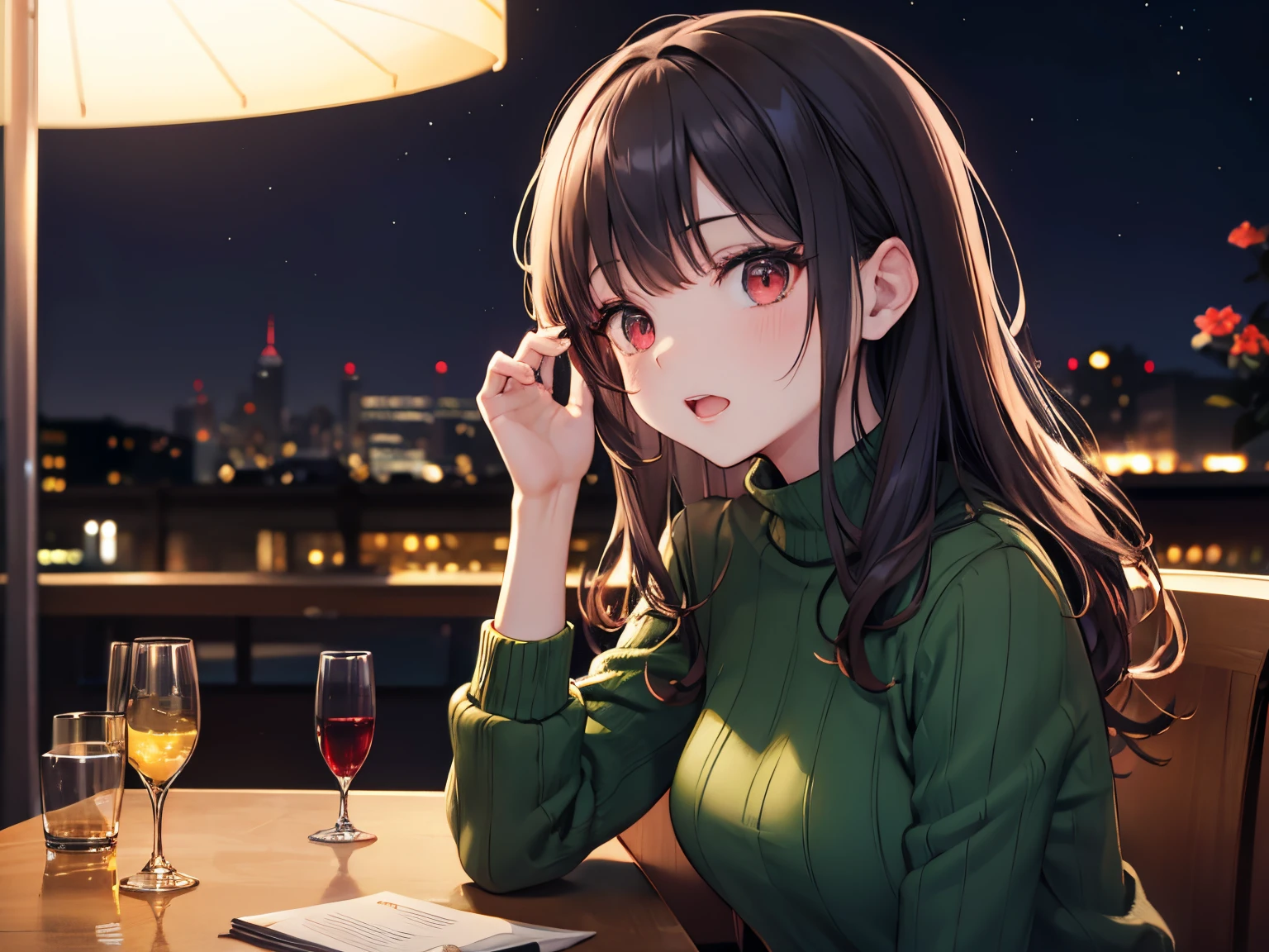 masterpiece、top-quality、 A 25-year-old woman with long wavy brown bangs and red eyes.、BREAK Wearing a green knit sweater、BREAK I have a wine glass、disappointed, open mouth, (Staring:1.5)、sitting on、The background is a restaurant at night、Upper body is shown、Alone、