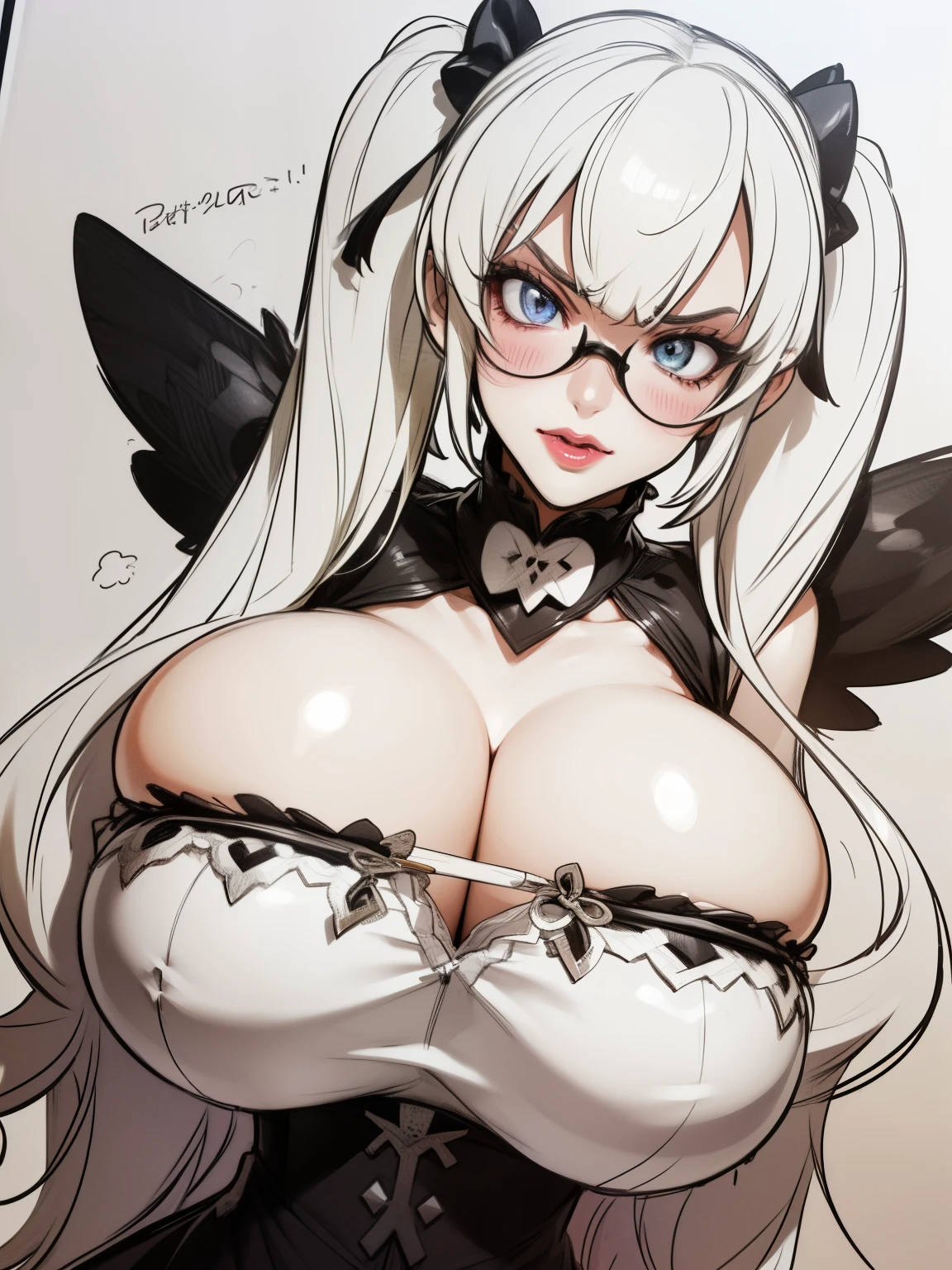 ((pen sketch style)), 1girl, solo, ink, detailed face, puffy lips, ((gothic make up)), ((black lipstick)), twintails, (teacher)), ((masterpiece)),(((best quality))), ((glasses)), ((tsundere)), ((angry)), ((long hair bangs)),defined cheekbones, high cheekbones, illustration, (gigantic breasts:1.7), ((skindentation)), scribbles and marks,(puffy lips:1.4) , )beautiful woman, sketch, gigantic breasts, frilled dress, cleavage, seductive smile