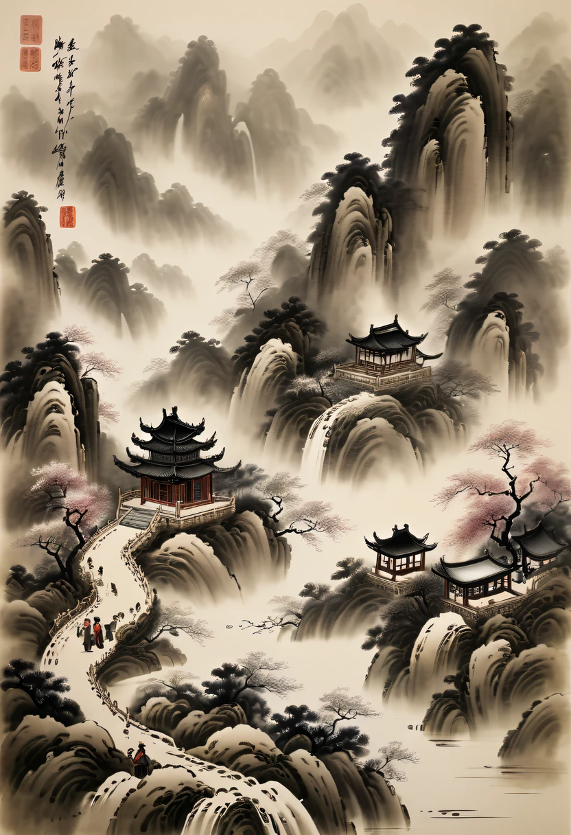 Ink painting and watercolor,drawing on rice ,Use thick and light inks to create light and dark changes and layers,Choose the right ink color,Such as deep black、Thick gray、Light coffee, ETC,Express different situations and atmospheres,Control the gradient and transition of ink colors through the humidity and consistency of the ink,Winter wonderland,club,Yuki,courtyard,desolated, Desolate, Solitude,Black and white tones, Tradition Chinese Ink Painting, traditional chinese art, author:Guo Xi, author:Ma Yuzaiyu, Traditional chinese painting, author:Xu Xi, author:Luo Mu, author:Y in g Buzhi, author:Li Kel here, author:wisdom'Show on the, Ink painting and watercolor ) ) ) ), China ink painting, chinese painting style
