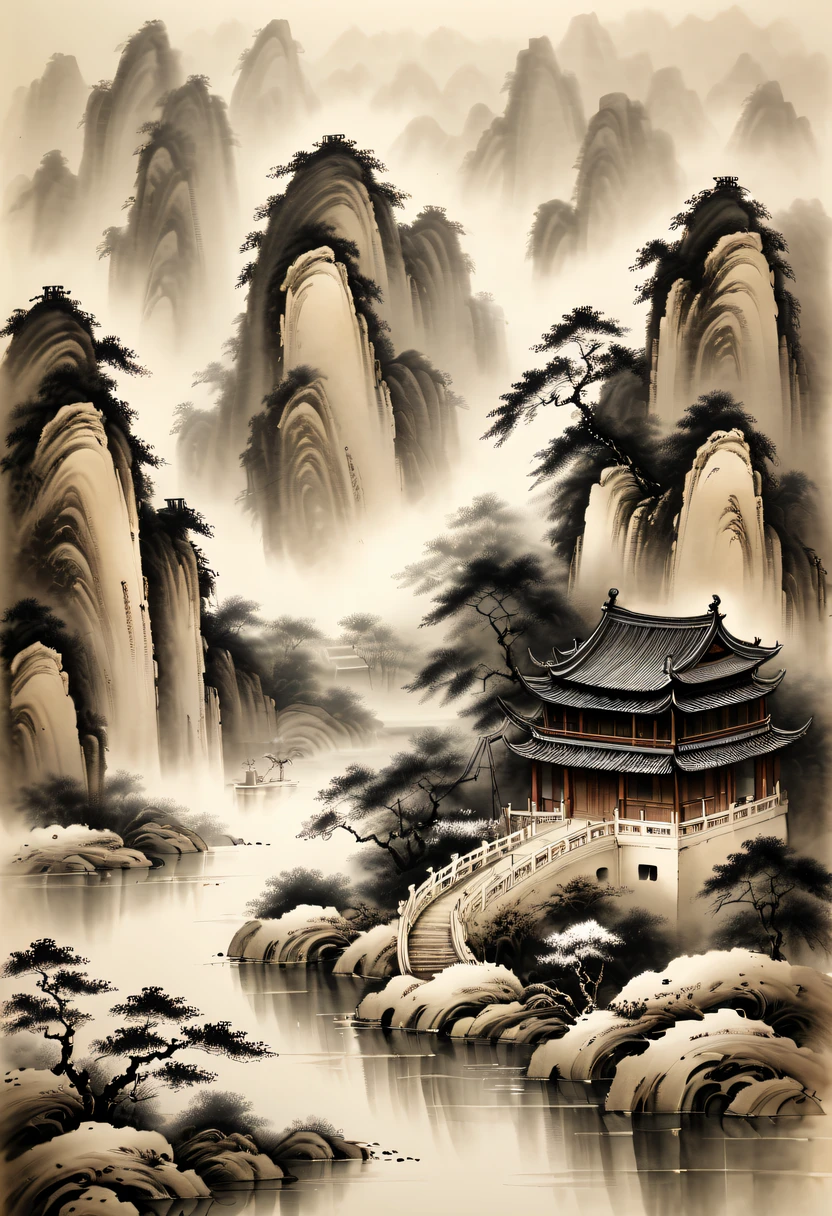 Ink painting and watercolor,drawing on rice ,Use thick and light inks to create light and dark changes and layers,Choose the right ink color,Such as deep black、Thick gray、Light coffee, ETC,Express different situations and atmospheres,Control the gradient and transition of ink colors through the humidity and consistency of the ink,Winter wonderland,club,Yuki,courtyard,desolated, Desolate, Solitude,Black and white tones, Tradition Chinese Ink Painting, traditional chinese art, author:Guo Xi, author:Ma Yuzaiyu, Traditional chinese painting, author:Xu Xi, author:Luo Mu, author:Y in g Buzhi, author:Li Kel here, author:wisdom'Show on the, Ink painting and watercolor ) ) ) ), China ink painting, chinese painting style
