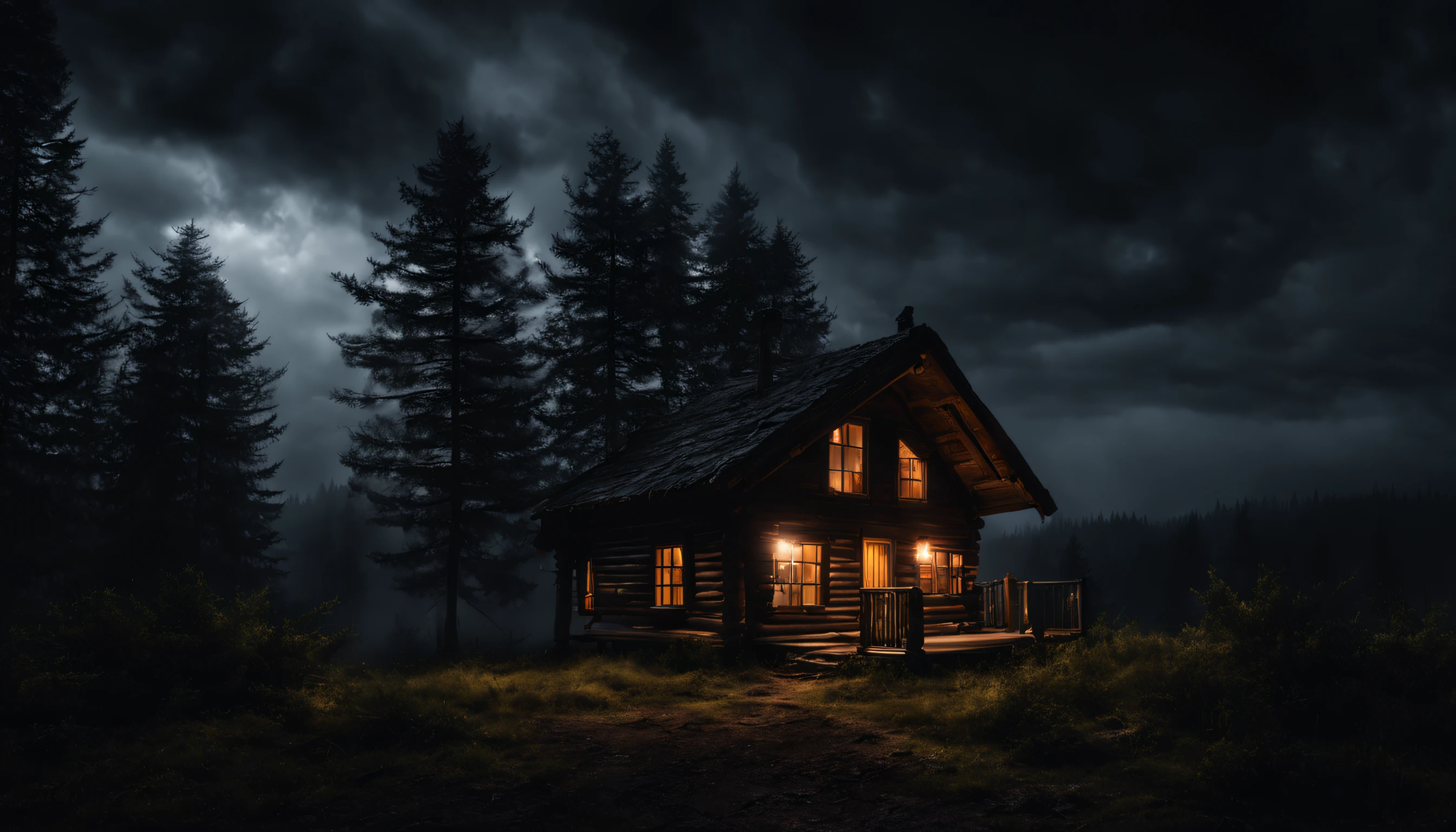 create a photo of a realistic cabin in an open forest at night with lights on, showing a cloudy sky surrounded by dark storm clouds, Fotografia 4k, dark scenery with lots of fog