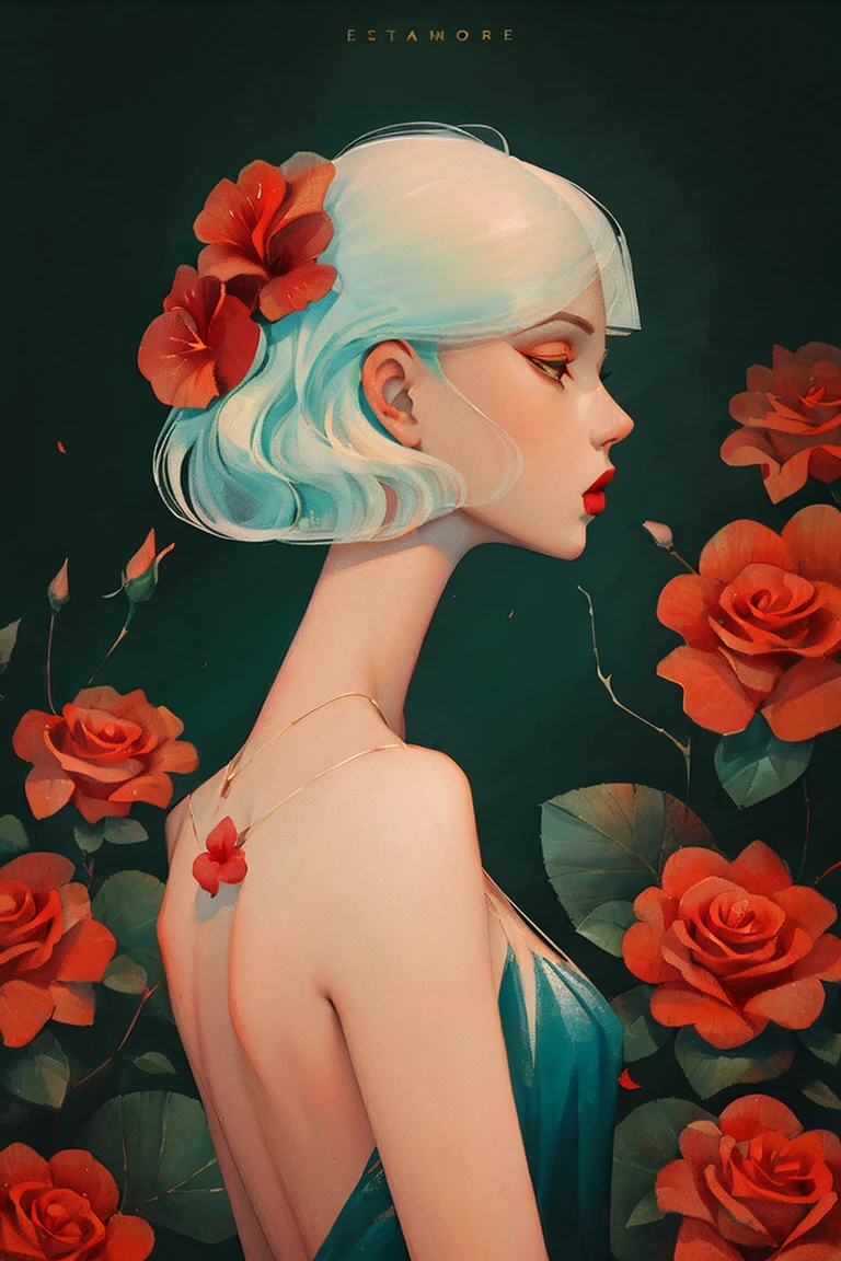 2d, pastel color, watercolor, low color saturation,
illustration, lineart, 
ankymoore, 1girl, bouquet, short white pixie hair, undercut fade hairstyle, camellia, (closed_eyelower_ornament, hair_flower, hibiscus, lipstick, makeup, profile, red_flower, red_lips, red_rose, rose_petals, rose_print, short_hair, solo, backless dress, thorns, upper_body, vase, necklace,