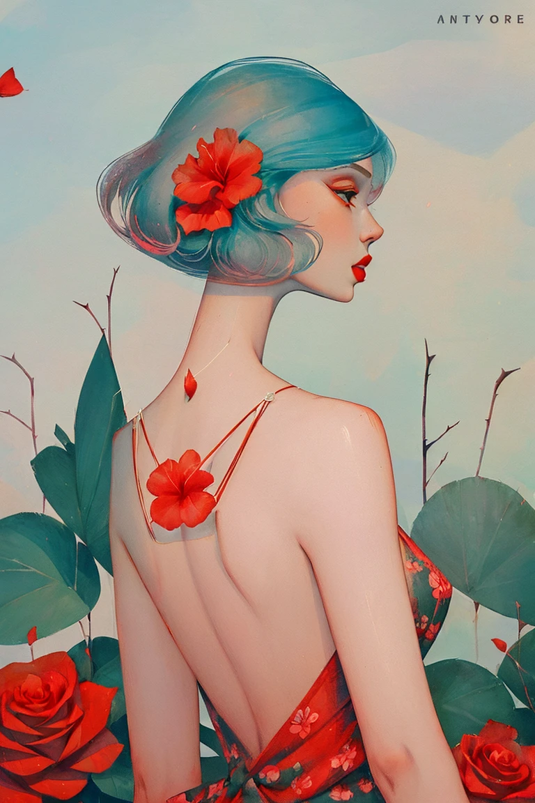 2d, pastel color, watercolor, low color saturation,
illustration, lineart, 
ankymoore, 1girl, bouquet, short white pixie hair, undercut fade hairstyle, camellia, (closed_eyelower_ornament, hair_flower, hibiscus, lipstick, makeup, profile, red_flower, red_lips, red_rose, rose_petals, rose_print, short_hair, solo, backless dress, thorns, upper_body, vase, necklace,