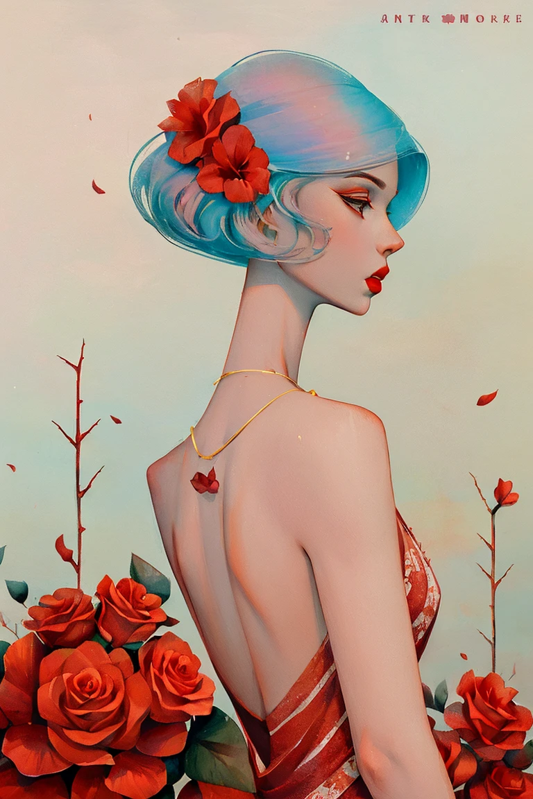 2d, pastel color, watercolor, low color saturation,
illustration, lineart,
ankymoore, 1girl, bouquet, short white pixie hair, undercut fade hairstyle, camellia, (closed_eyelower_ornament, hair_flower, hibiscus, lipstick, makeup, profile, red_flower, red_lips, red_rose, rose_petals, rose_print, short_hair, solo, backless dress, thorns, upper_body, vase, necklace,