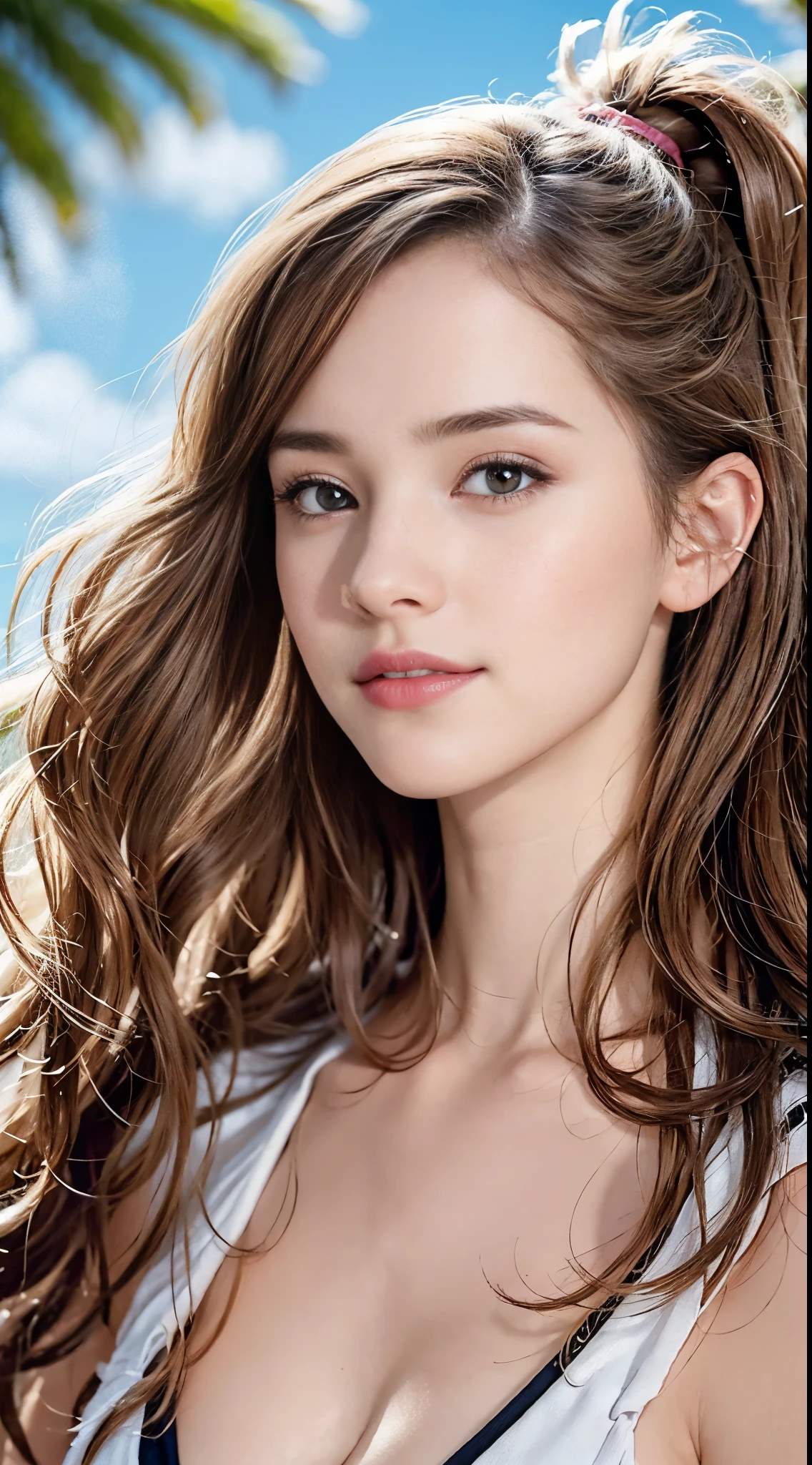 ((top-quality、Top image quality、超A high resolution))、14years、独奏、((small tits：1.7))、flat breast、small tit、A smile、with round face、Golden hair、Short ponytail、childlike 、Ultra-detailed and beautiful skin、Realistic and beautiful skin、Sandy beach and blue sky on background、silk micro bikini, delicate and beautiful face、Young models,Wet with water