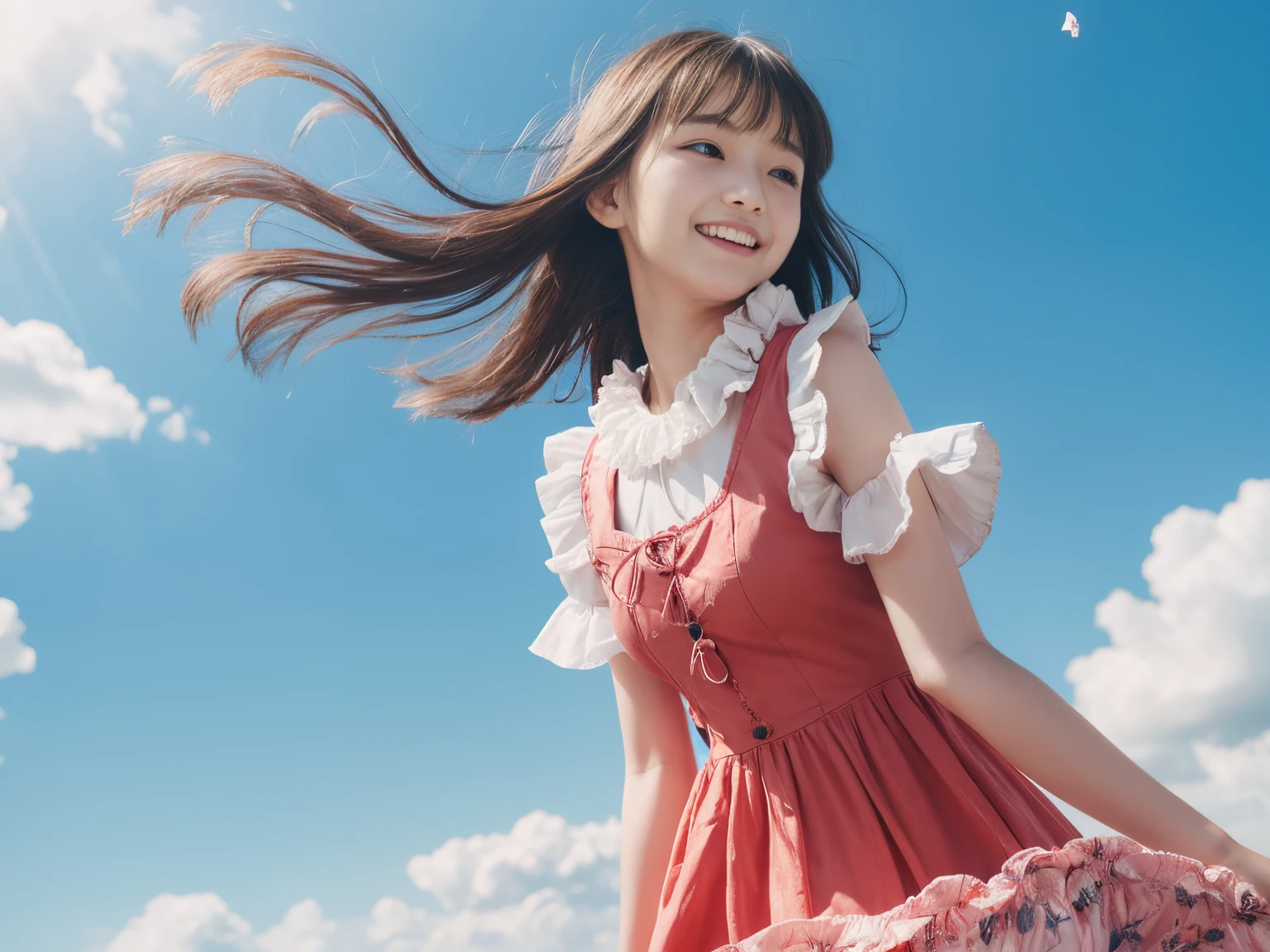 Adorable, 14years,  japanaese girl,  (Frilled summer dress fluttering in the wind :1.4),   Curly hair, hair scrunchie, Twin-tailed, (suggestive:1.2), (Smile:0.8),  natural make up,   (extremely detailed eye:1),   (Best Quality:1.0), (超A high resolution:1.0) ,(photographrealistic:1), (ultra-detailliert:1.0), (8k RAW photo:1.1),Looking at Viewer, , ( wind lift:1), Leaning forward