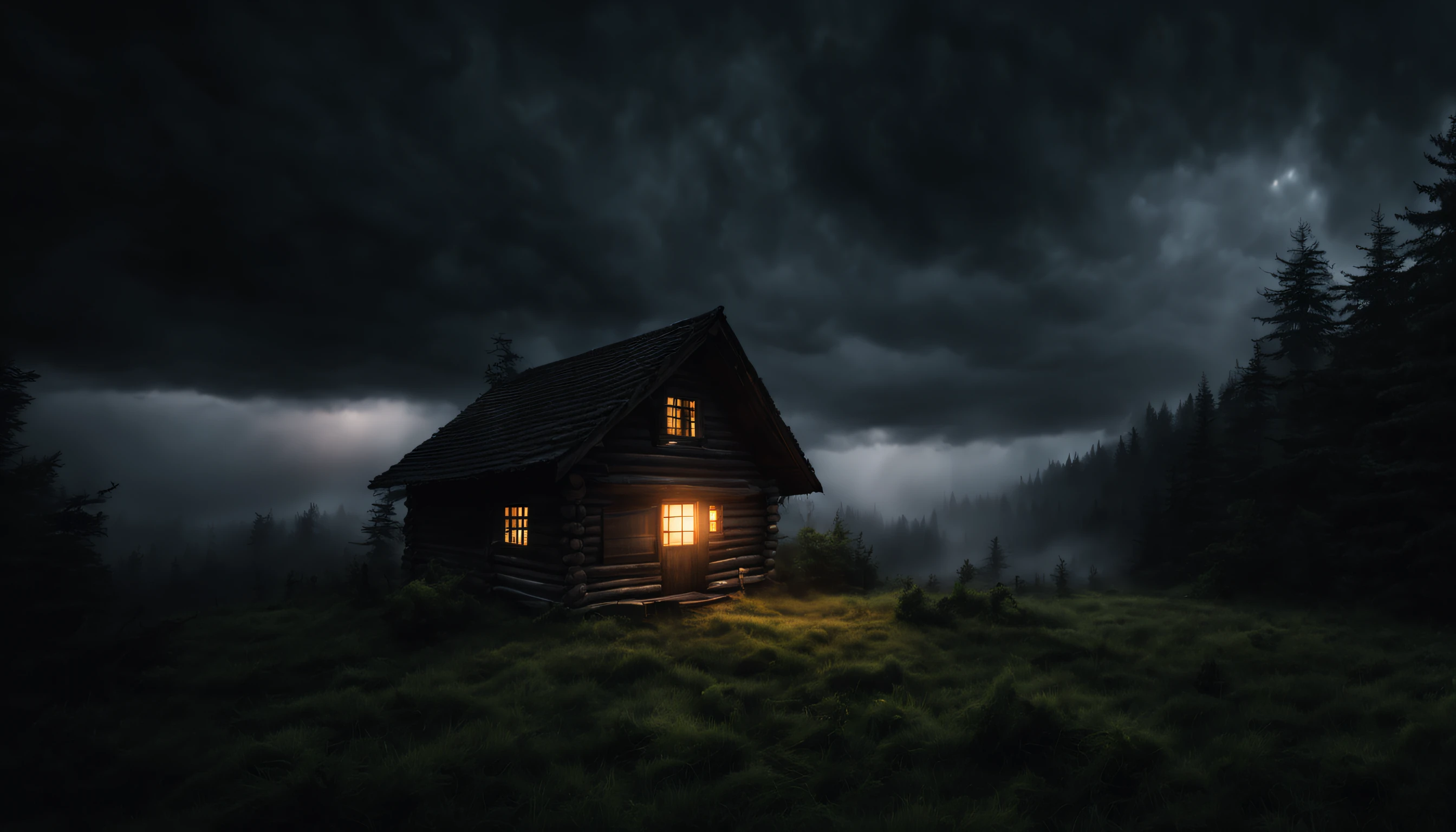 create a photo of a realistic cabin in an open forest at night with lights on, showing a cloudy sky surrounded by dark storm clouds, Foto 4k, dark scenery with lots of fog
