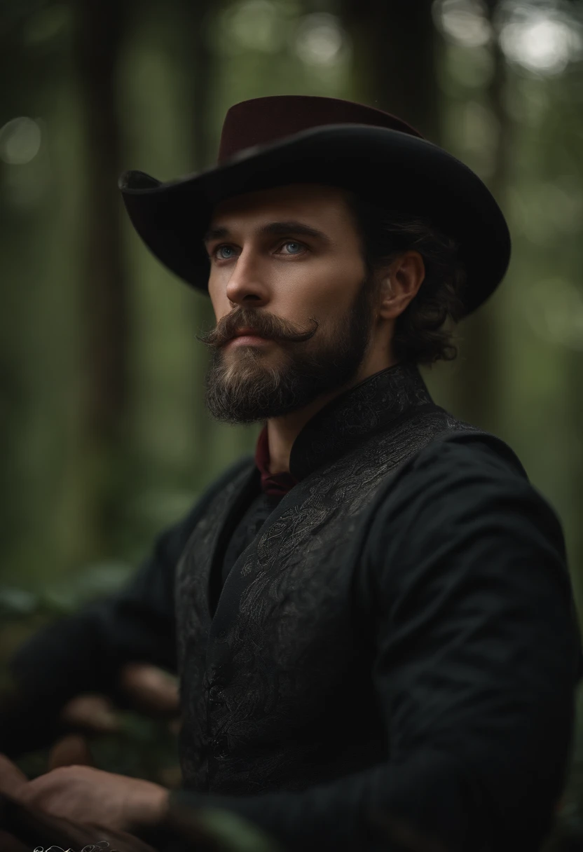 A very beautiful man, Beauty of a God, with long black hair, blue eyes, beard, strong chest, virile and
wearing a red shirt with a black embroidered vest over the shirt and black pants, Victorian Era style, in the background, a gypsy carriage in a forest, Daeni Pin Style.
[Daniel F. Estilo Gerhartz::0.5], UHD image, Rent, 8k, photo-realistic, epic lighting, sharp, realistic, romantic, focus