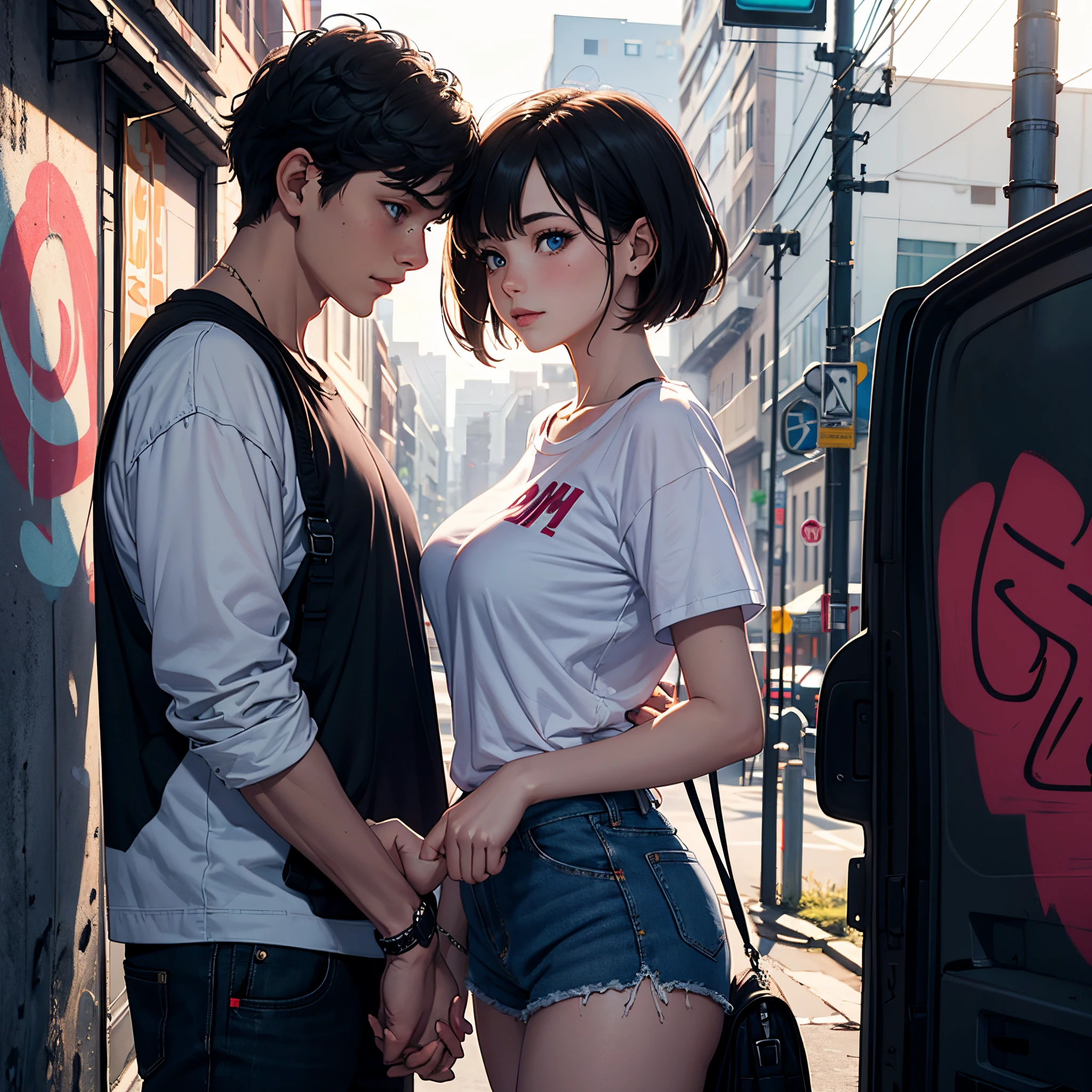 1 girl with boyfriend, serene expression, mesmerizing blue eyes, small boobs, short hair, streetwear, graffiti fashion, graffiti, poised posture, porcelain skin, subtle blush, masterpiece, best quality, 2others, couple, 1man with 1woman, mature, , Height difference, different fashion, different color, finely detailed eyes and detailed face, intricate details, casual clothes, oversized shirt, modern street, holding hands, smile, happy, love, both girlfriend and boyfriend smiling, loving relationship, true love, golden hour, (rim lighting):1.2, warm tones, sun flare, soft shadows, vibrant colors, painterly effect, dreamy atmosphere BREAK city, graffiti art on walls, smog, cars, city roads, stylized world, ultra detailed, official art, unity 8k wallpaper , zentangle, mandala