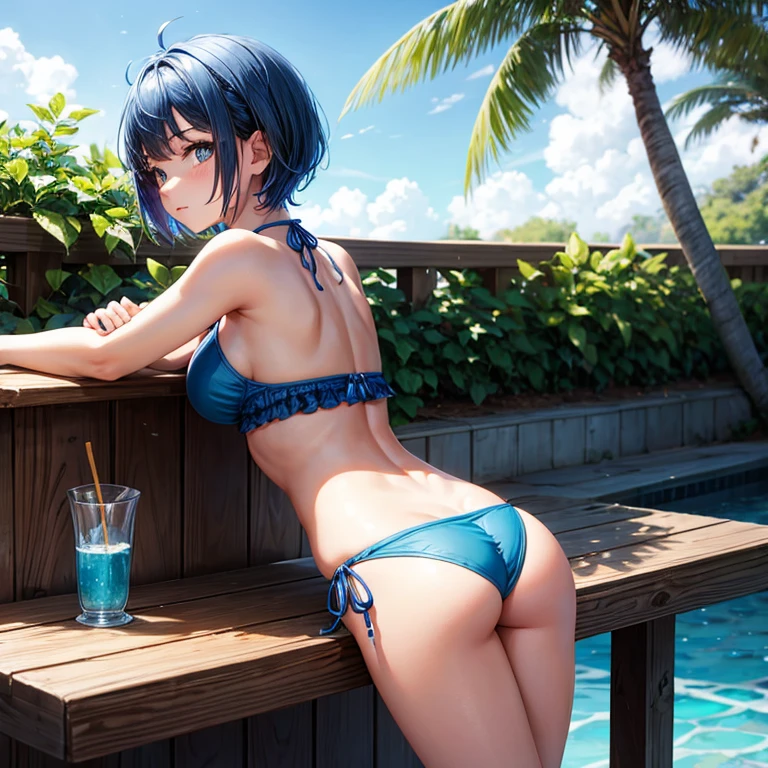 Young girl with short blue hair and bikini seen from behind while leaning on a table