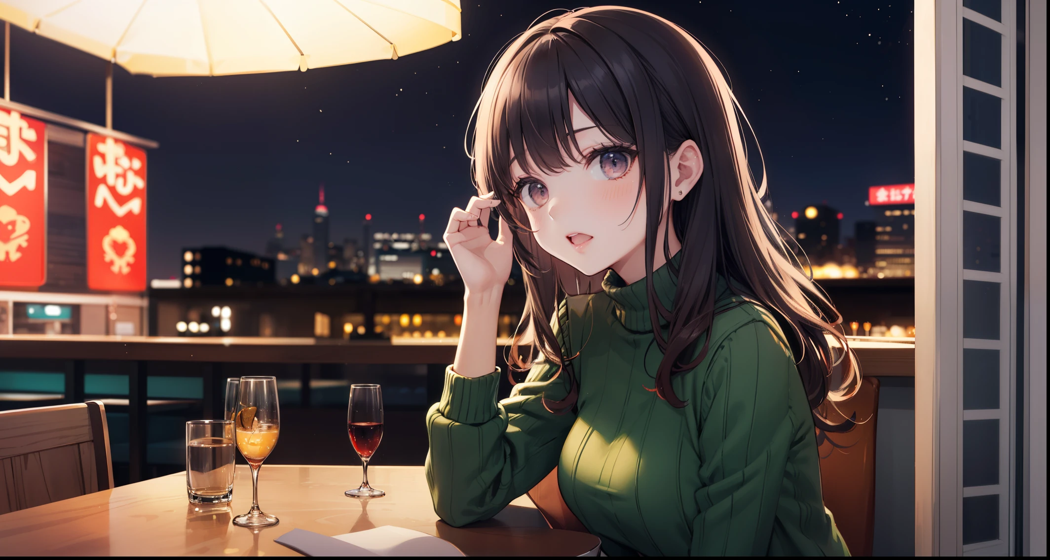 The background is a restaurant at night、nighttime scene、a chair、The table、abajour