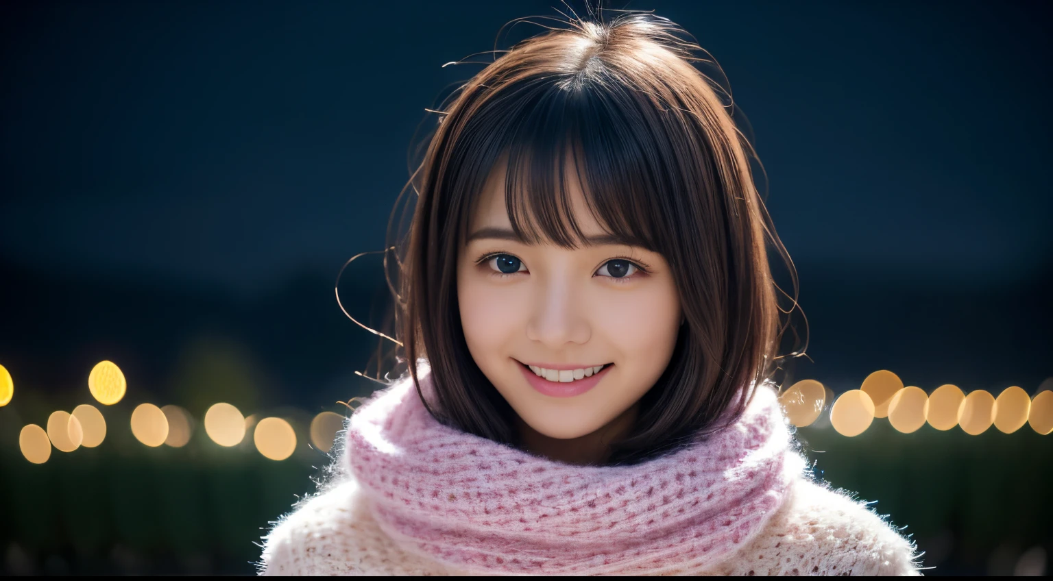 1girl in, 18year old、Gravure model for Japan, (cute little, a beauty girl,profile:1.2),Profile 1.1、Modest big, 𝓡𝓸𝓶𝓪𝓷𝓽𝓲𝓬, (Please look up at the big Christmas tree in the night sky and pray.:1.5)、(A night town with beautiful Christmas illuminations:1.4), (fluffy white wool sweater:1.3), (Pink scarf:1.2), (Green Plaid Pleated Skirt), beautiful xmas city background、 A dark-haired、Pray、A smile、 Best Quality, hight resolution, Detailed skin, Detailed face and eyes, Hi-Res, Natural lighting, Perfect Anatomy, Physically-based rendering, Photorealistic, symmetric clear eyes, Well-groomed face,Teenage girl, Perfect figure, Transparency, hposing Gravure Idol,