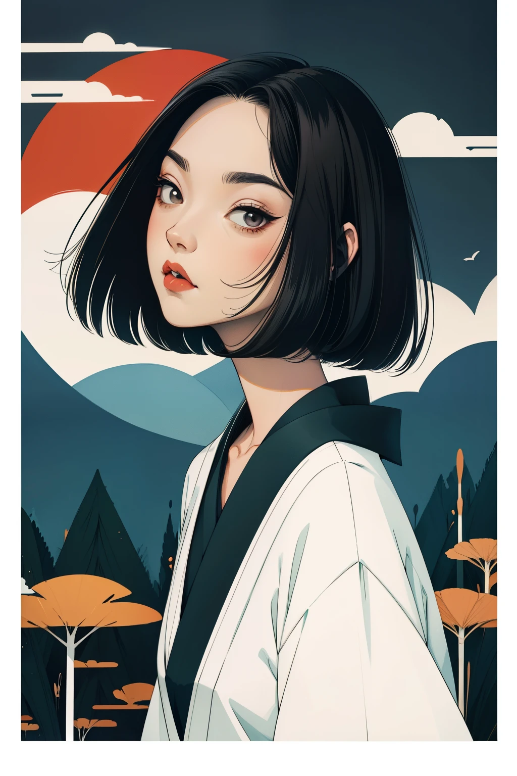 OilPaintStyle、number art、Retro anime style、black hair bob、Japanese beautiful girl