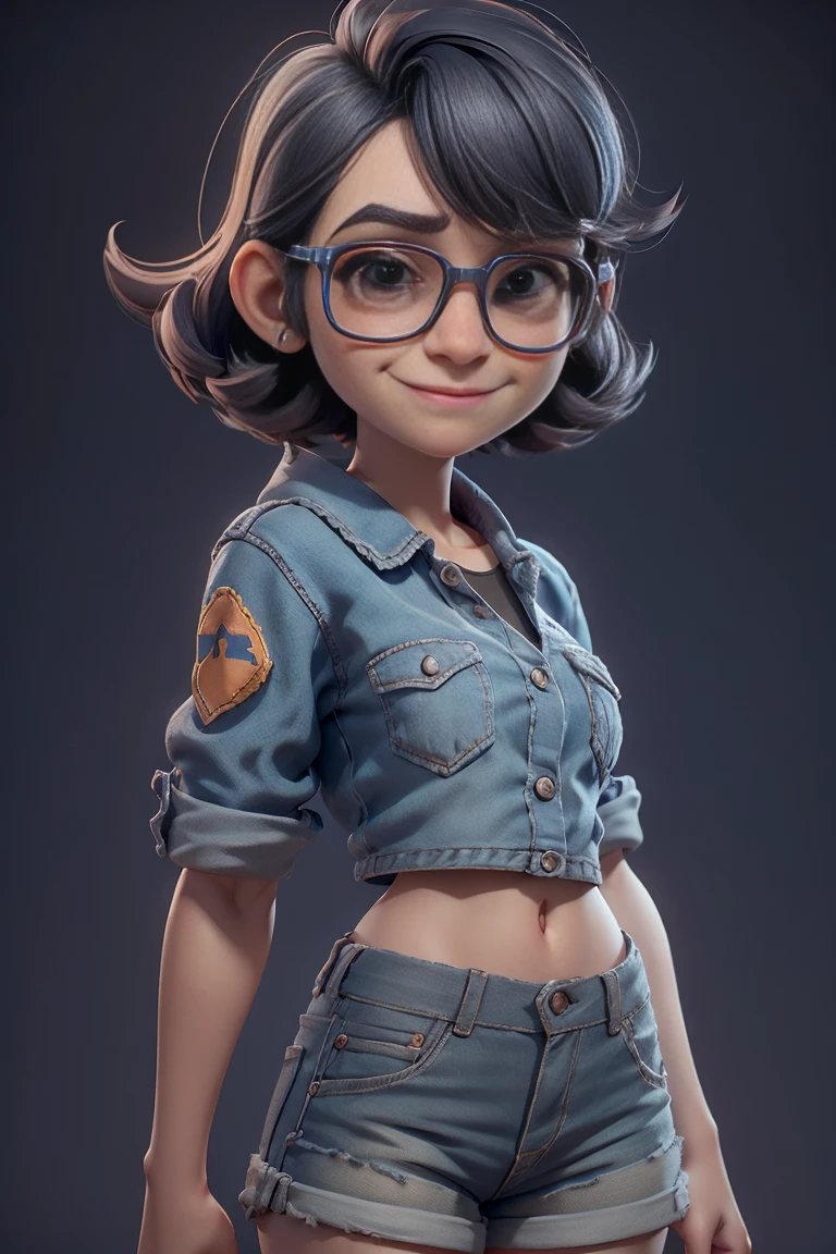 A 3D Pixar style Animation character development, featuring of a young woman nerd look, wearing a shorts, character spread sheet, blueprint, 3D realistic render, high resolution texture, dramatic lighting, expressive caricature, smile facial expression, dramatic intense perspective