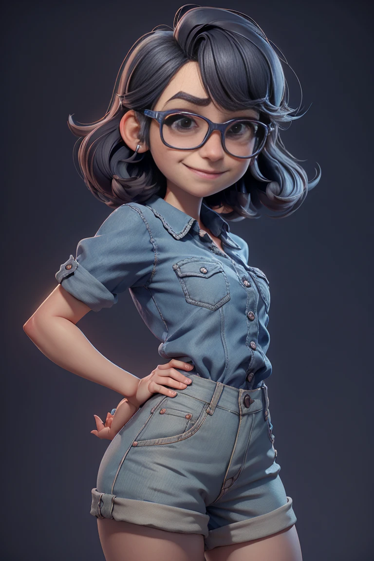 A 3D Pixar style Animation character development, featuring of a young woman nerd look, wearing a shorts, character spread sheet, blueprint, 3D realistic render, high resolution texture, dramatic lighting, expressive caricature, smile facial expression, dramatic intense perspective