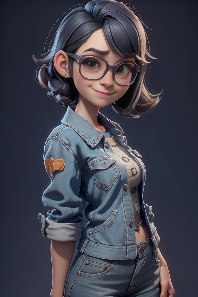 A 3D Pixar style Animation character development, featuring of a young woman nerd look, wearing a shorts, character spread sheet, blueprint, 3D realistic render, high resolution texture, dramatic lighting, expressive caricature, smile facial expression, dramatic intense perspective