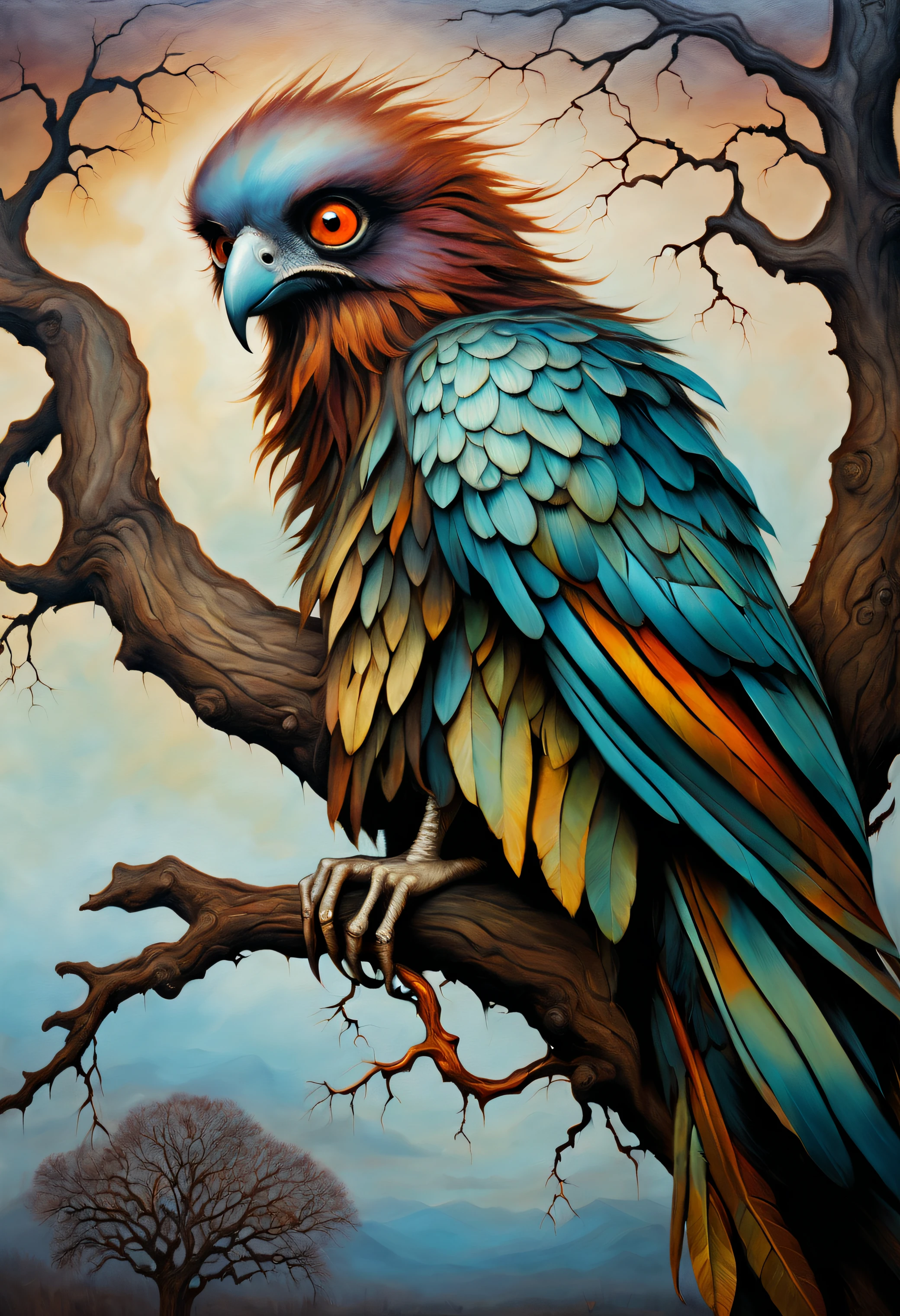 sad harpy sitting on an oak branch, ((Стиль Esao-Andrews)), ((oil painting)), very colorful, 極端なディテール, ((tmasterpiece)), Complex key, ((Single Shot)), Impression, 極端なディテール, perspective, 8K