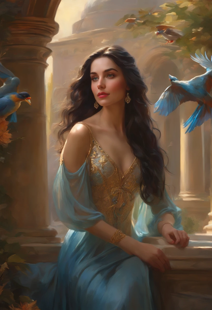 a woman ((18 years old)) with long black hair, blue eyes, smiling, statuesque and sexy body, ((full body)), , 
Victorian era style, wearing a light flowing dress, in the background crystal and gold castle with giant colorful birds, 
Daeni Pin Style, 
[Daniel F. Gerhartz Style::0.5], UHD image, Rent, 8k, photo-realistic, Epic lighting, Sharp, Realistic, Romantic,  
focus