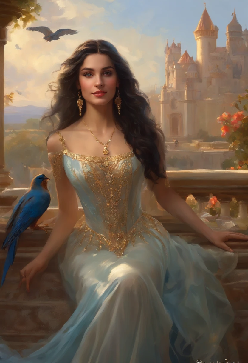 a woman ((18 years old)) with long black hair, blue eyes, smiling, statuesque and sexy body, ((full body)), , 
Victorian era style, wearing a light flowing dress, in the background crystal and gold castle with giant colorful birds, 
Daeni Pin Style, 
[Daniel F. Gerhartz Style::0.5], UHD image, Rent, 8k, photo-realistic, Epic lighting, Sharp, Realistic, Romantic,  
focus