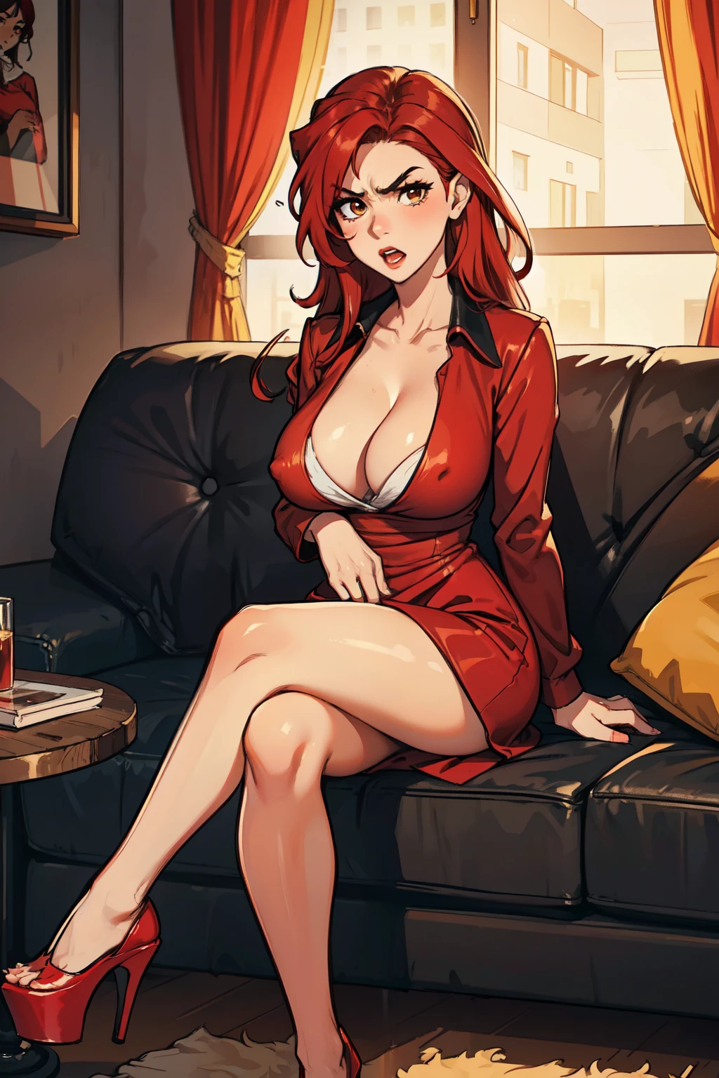 higly detailed, Best Quality, hight resolution:1.2, 1girl, 独奏, mature girl, red hair, Long hair, Brown eyes, Red dress, large breasts, teats, covered-nipples, cleavage, red high heels, red open platforms, makeup, red-lips, looking a viewer, opened mouth, very angry, annoyed, blusher, Indoors, apartment, sitting on a black sofa, crossed feet