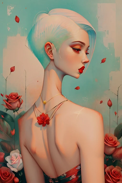 2d, pastel color, watercolor, low color saturation,
illustration, lineart,
ankymoore, 1girl, bouquet, (((short white pixie hair, undercut fade hairstyle))), camellia, (closed_eyelower_ornament, hair_flower, hibiscus, lipstick, makeup, profile, red_flower, red_lips, red_rose, rose_petals, rose_print, solo, backless dress, thorns, upper_body, vase, necklace,)