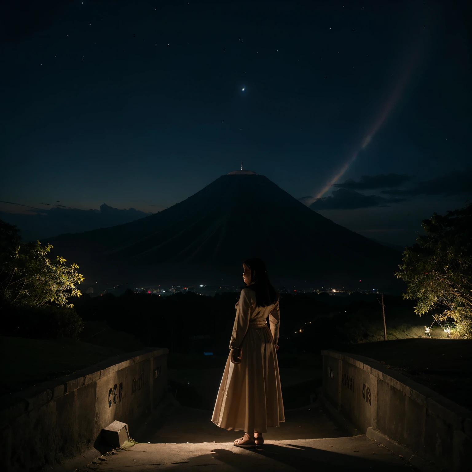 seorang gadis indonesia dengan memakai gaun malam, full body, duduk bangku taman, pinggir jalan, wajah menghadap penonton, gedung, mobil, suasana pagi hari dan cerah, awan biru, siluet gunung di kejauhan, chiaroscuro meningkatkan kesan detail yang rumit,realistis, beautiful scenery, hd detail 8k