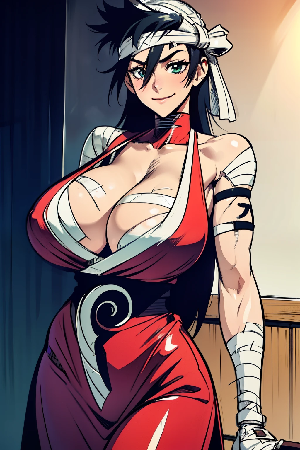 (kukaku Shiba), gigantic breasts, masterpiece, 4k, detailed, sketch marks, cinematic masterpiece, cowboy shot, solo, 1girl, shiba kuukaku, (prosthesis, prosthetic arm:1.1), smile, closed mouth, looking at viewer, red dress, bandages, cleavage