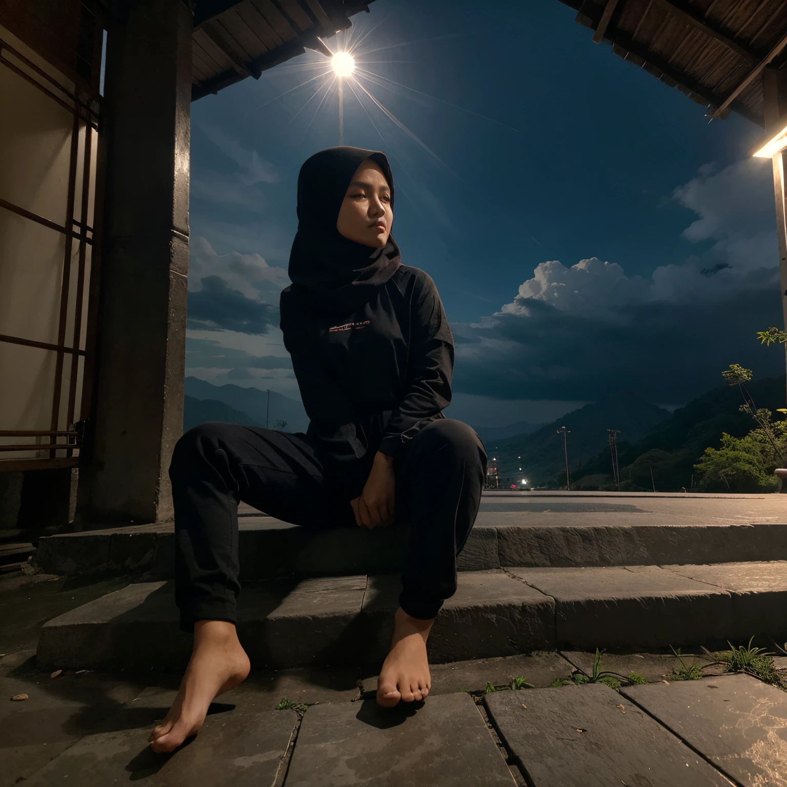 seorang gadis indonesia dengan memakai gaun malam, full body, duduk bangku taman, pinggir jalan, wajah menghadap penonton, gedung, mobil, suasana pagi hari dan cerah, awan biru, siluet gunung di kejauhan, chiaroscuro meningkatkan kesan detail yang rumit,realistis, beautiful scenery, hd detail 8k