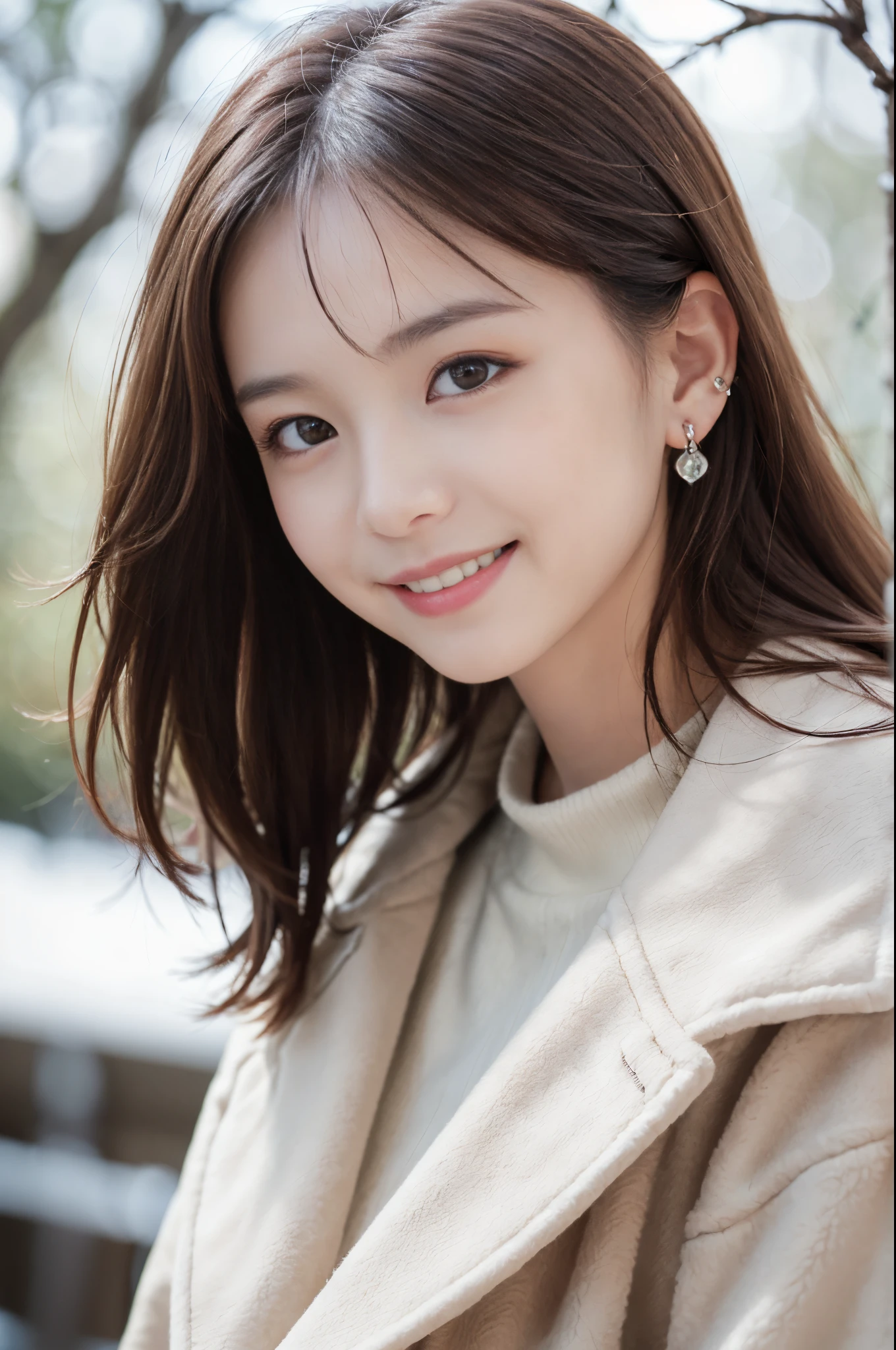 Japanese ido ,((Cute ,:1.2)),(8K, Raw photo, ultra-detailliert, Best Quality:1.2), (Realistic, Photorealsitic:1.4), (Insanely detailed, 超A high resolution ,Beautiful, masutepiece:1.2), ,very detailed face and eyes,Shiny skin,(Upper body:1.Professional Lighting,Soft light, Sharp Focus, depth of fields,Medium Hair,Earring, ( coat:1.2),(Smile:1.3),Bokeh,(Dynamic Angle:1.5),(at winter forest ）