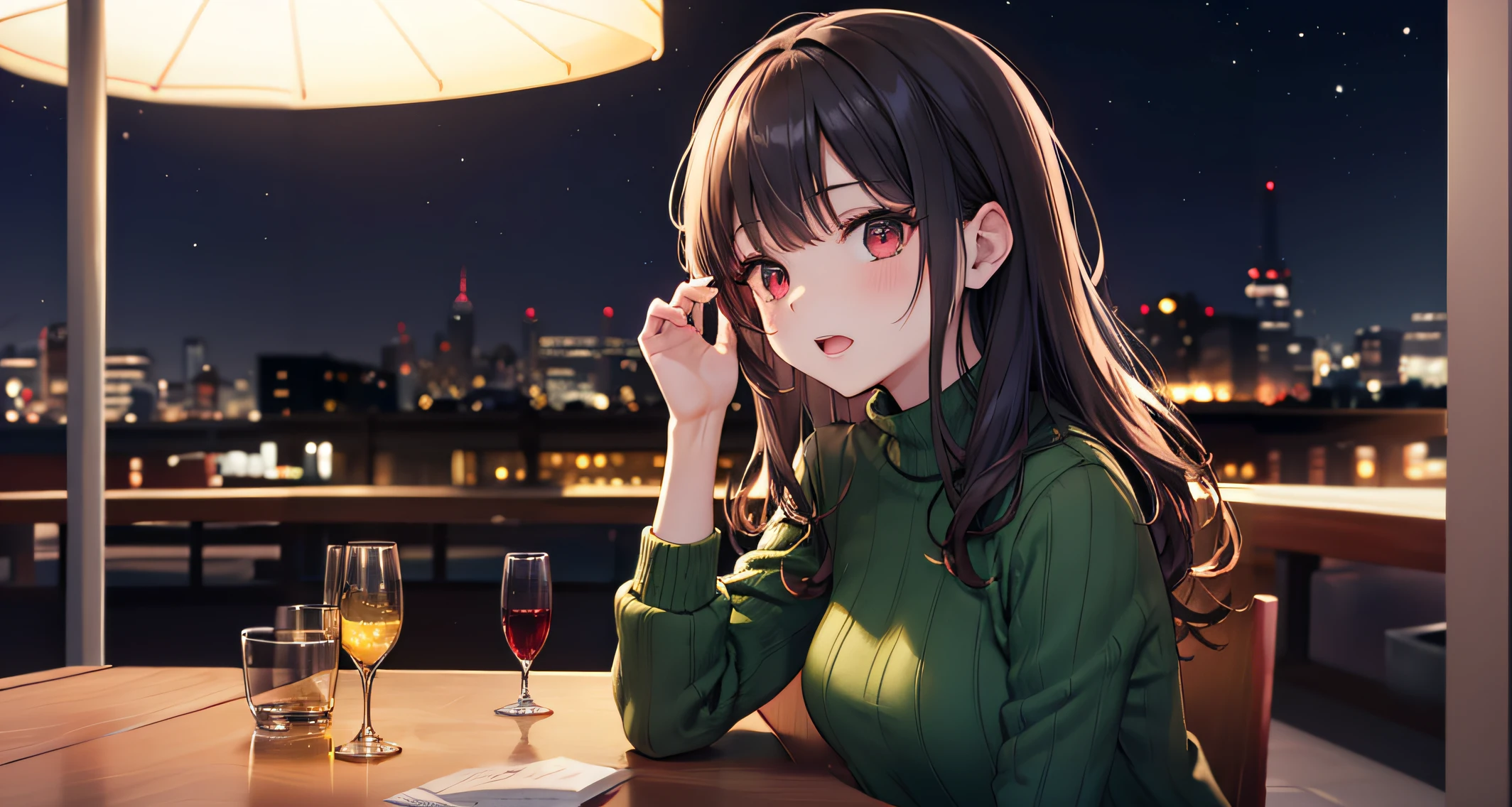 The background is a restaurant at night、nighttime scene、a chair、The table、abajour